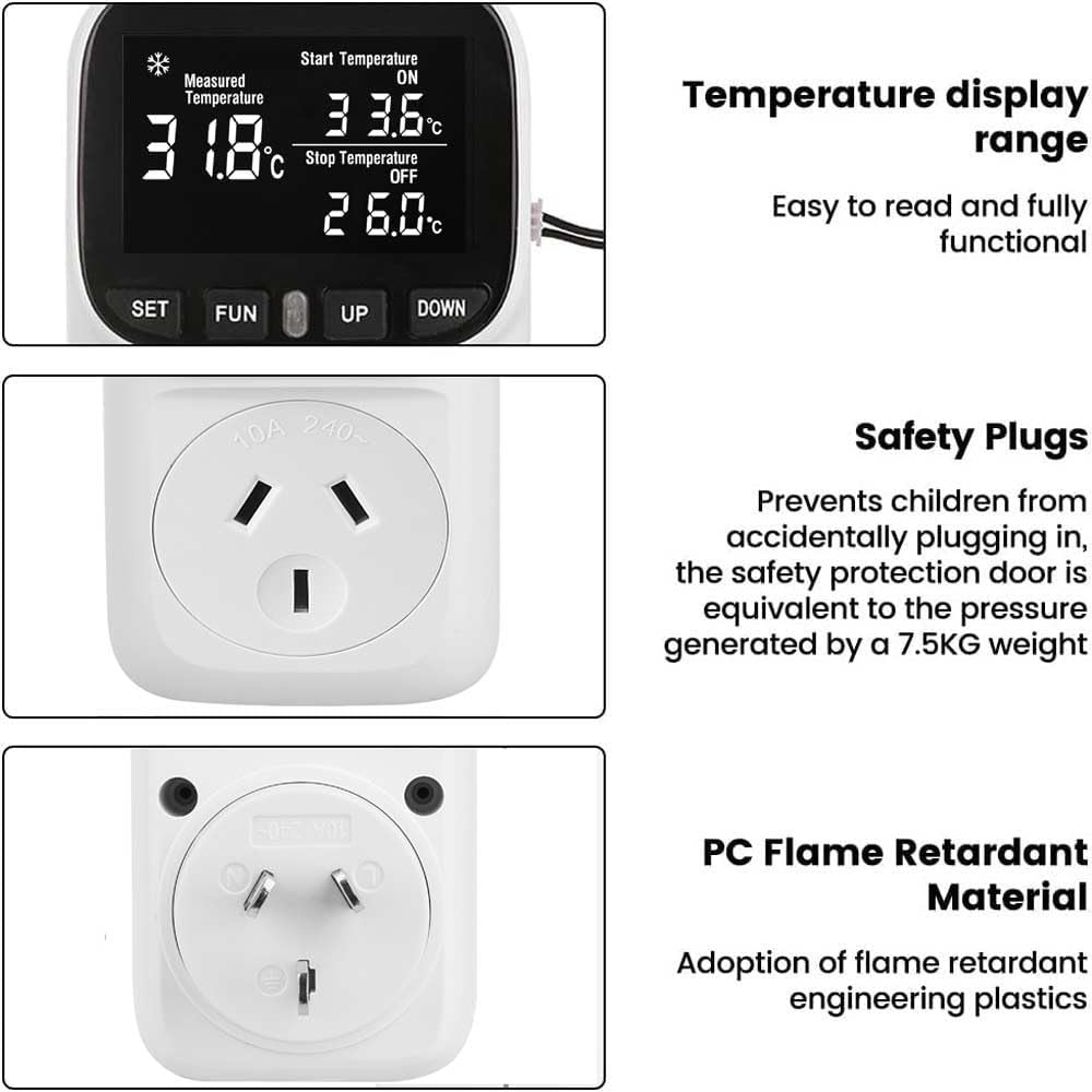 2400W Digital Temperature Controller Plug in Thermostat Outlet Digital RV Thermostat Heating Cooling Mode Timer Socket 10A /240V Heating Cooling Control -40℃~120℃ with 2.0M Sensor