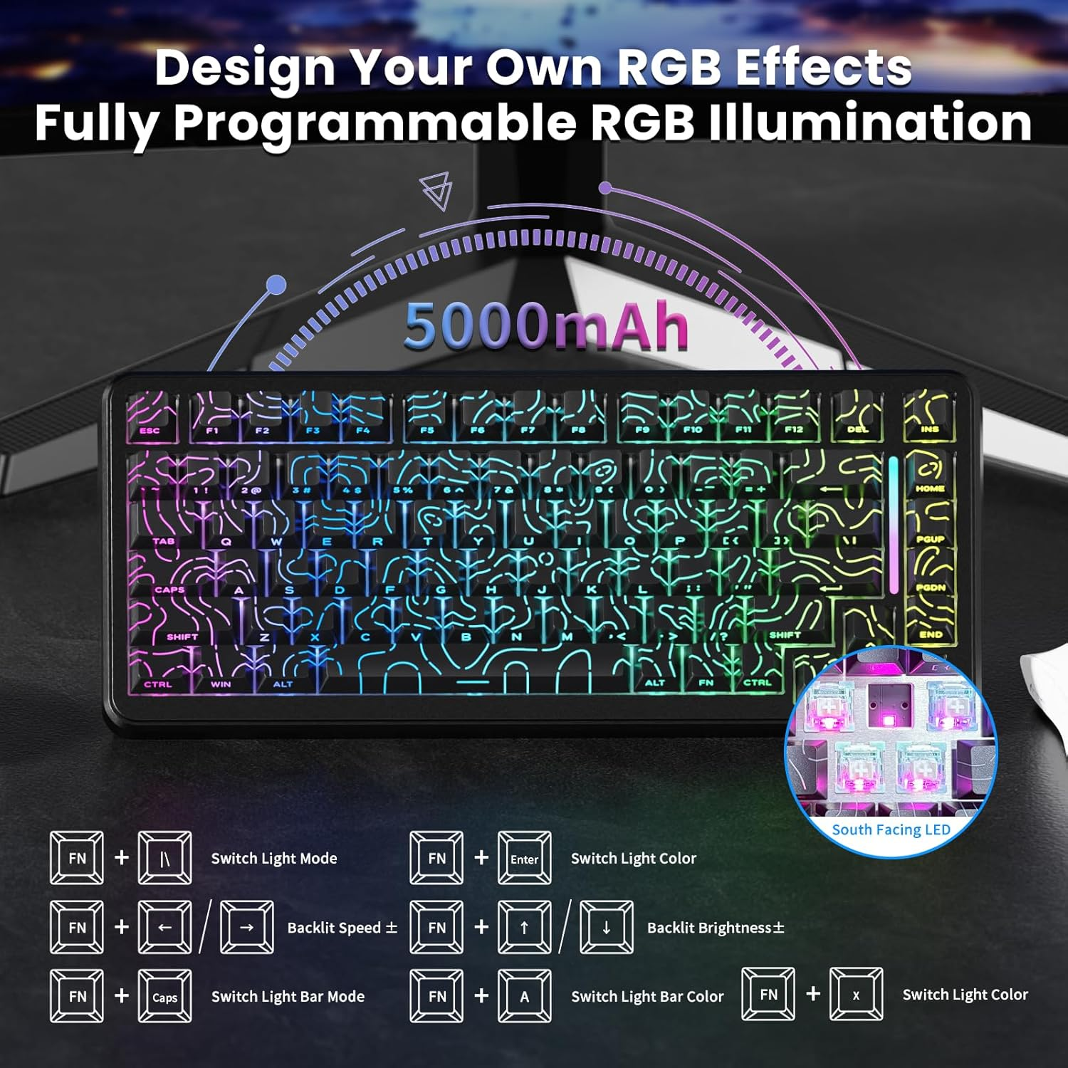 ATTACK SHARK X82PRO HE Magnetic Switch Gaming Keyboard,8000Hz Adjustable Actuation,5000Mah Battery,Cloud Software Tri-Mode Wireless Keyboard with C01Ultra Aviation Cable,For Win/Mac(Black Line) - White image number 7