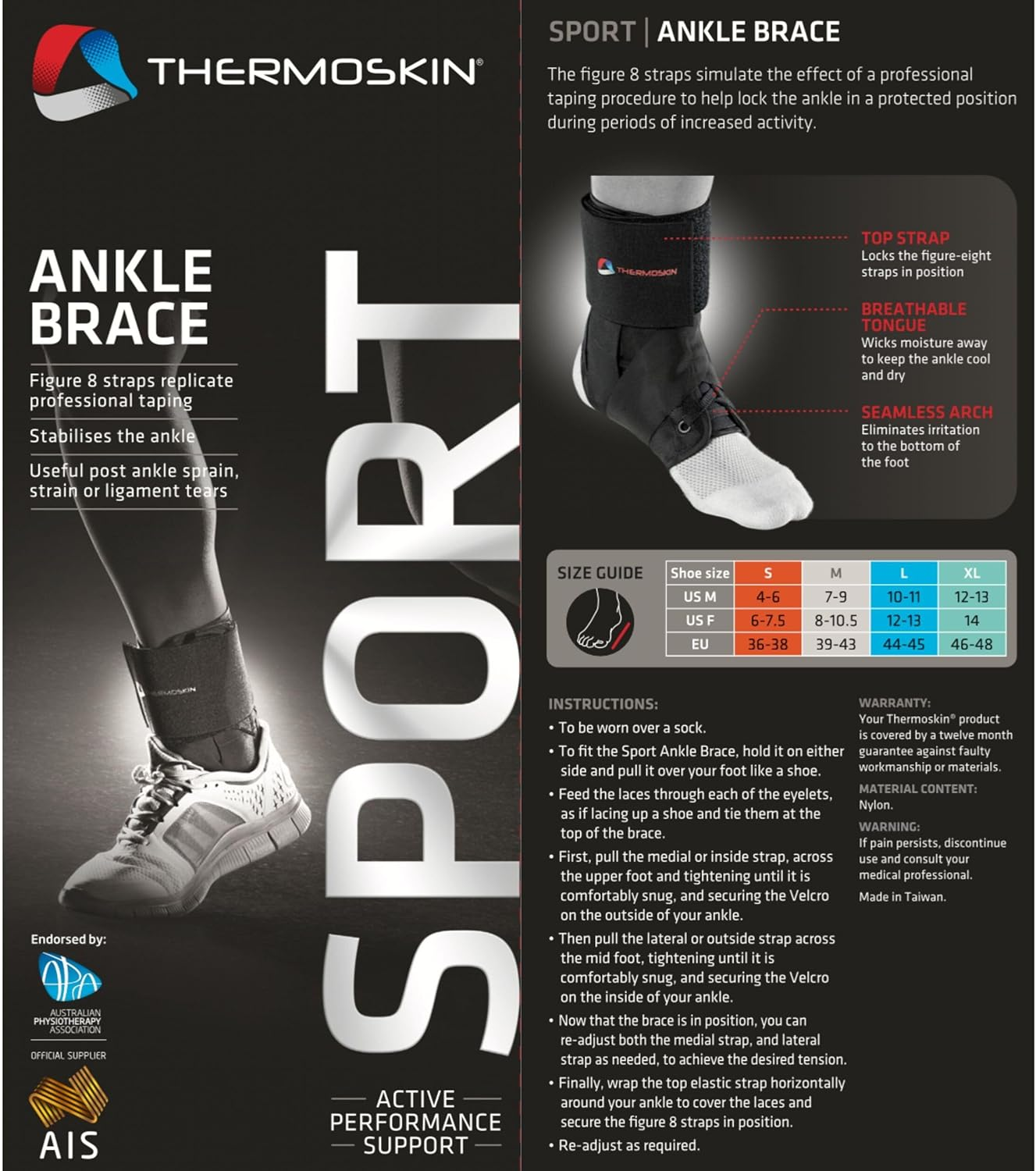 Thermoskin Sports Ankle Brace, Black, L