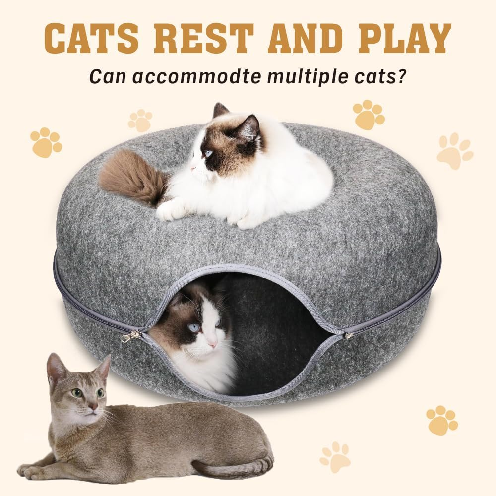 VAKA Felt Cat Cave Bed with Zipper &ndash; 59X59X29Cm Donut-Shaped Cat Tunnel Bed for Indoor Cats &ndash; Washable & Detachable Cat House for Multiple Cats, Dark Grey image number 4