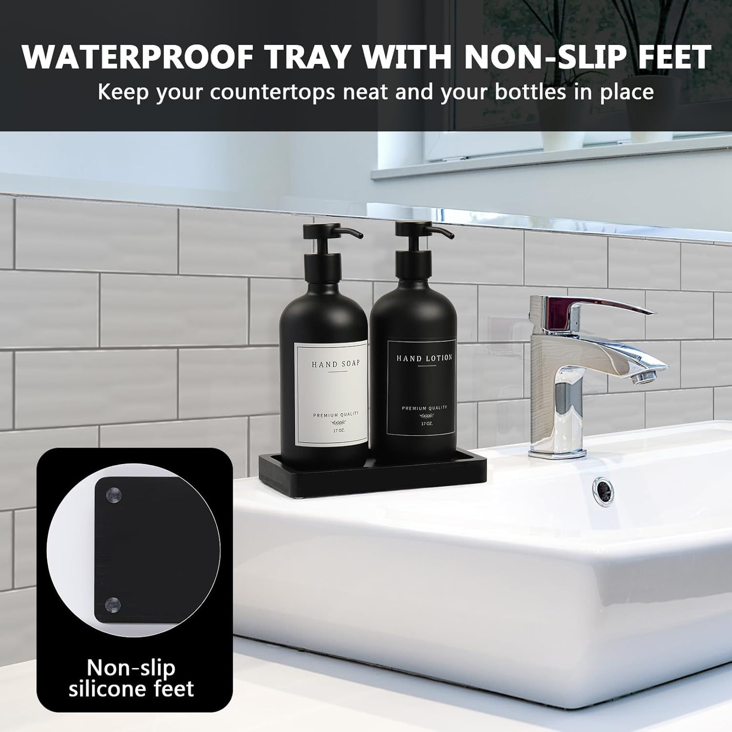 Black Soap Dispenser - Kitchen Hand Dish Soap Dispenser, Glass Bathroom Soap Lotion Dispenser with Tray, Dishwashing Liquid Dispenser, 14 Stickers, Black Bottle/Black Pump-Pd - Black Bottle/Black Pump image number 5