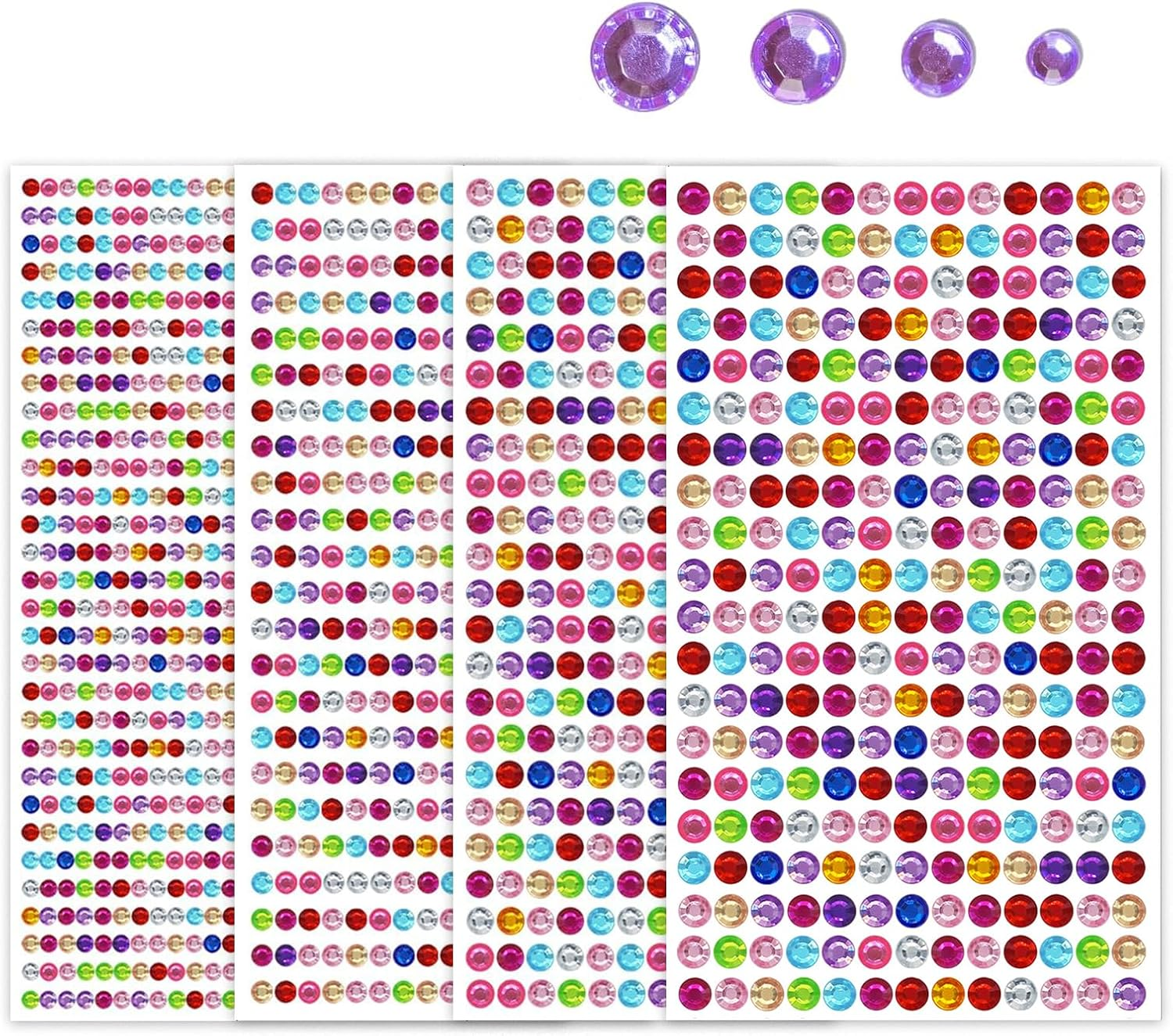 Hunken 1792 Pcs Gem Stickers Jewels for Crafts, Self-Adhesive Rhinestone Stickers, Acrylic Bling round Gems for Face Makeup, Nail Art & Festival Decorations (4 Sheets, 3/4/5/6 MM, Multicolor)