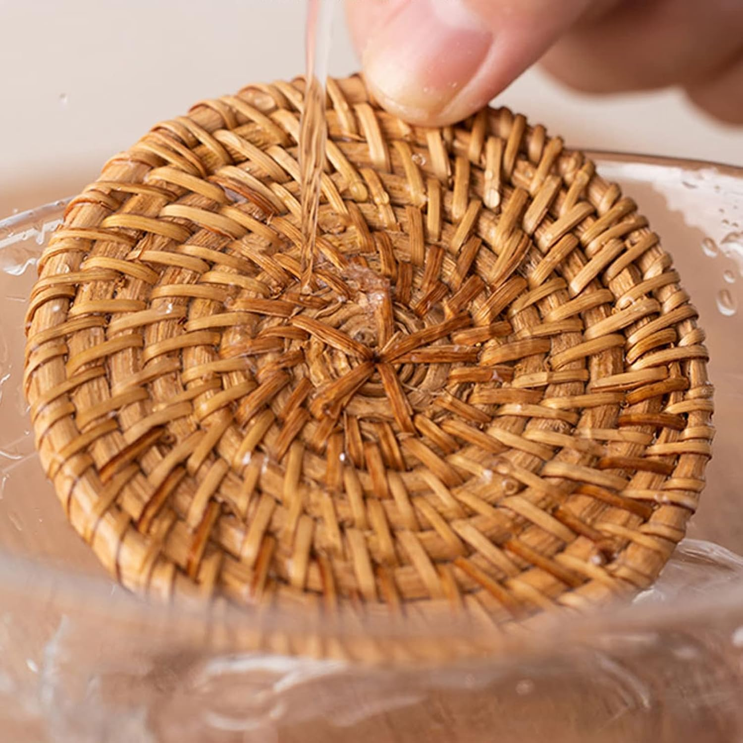 Handmade round Rattan Drink Coaster Set of 6 with Holder-4" in Diameter-Rustic Style to Dinning Room or Living Room image number 2