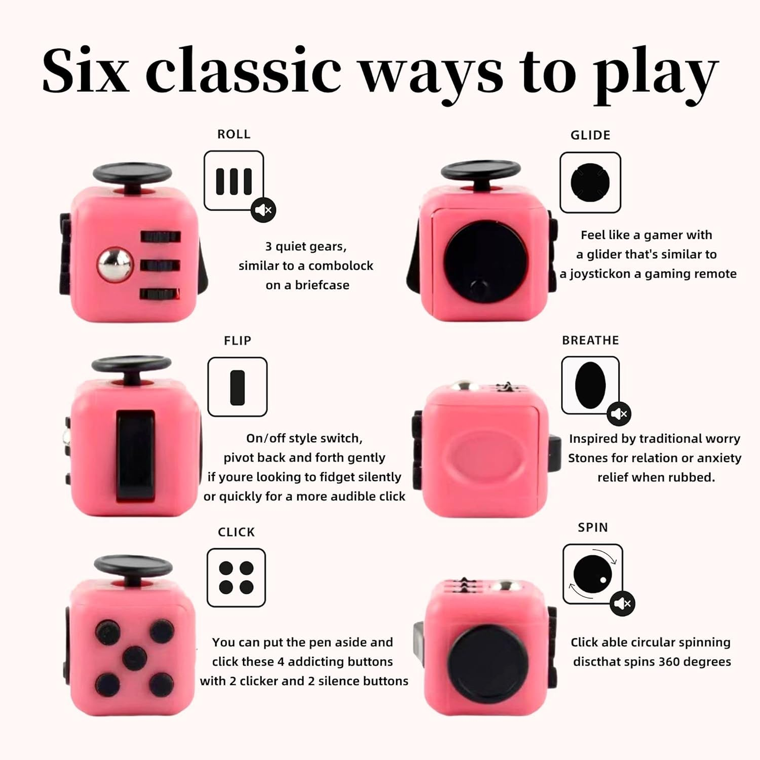 Fidget Cube, Pink Anti-Stress Cube with 6 Different Sides, Portable Anxiety Relief for All Ages image number 3