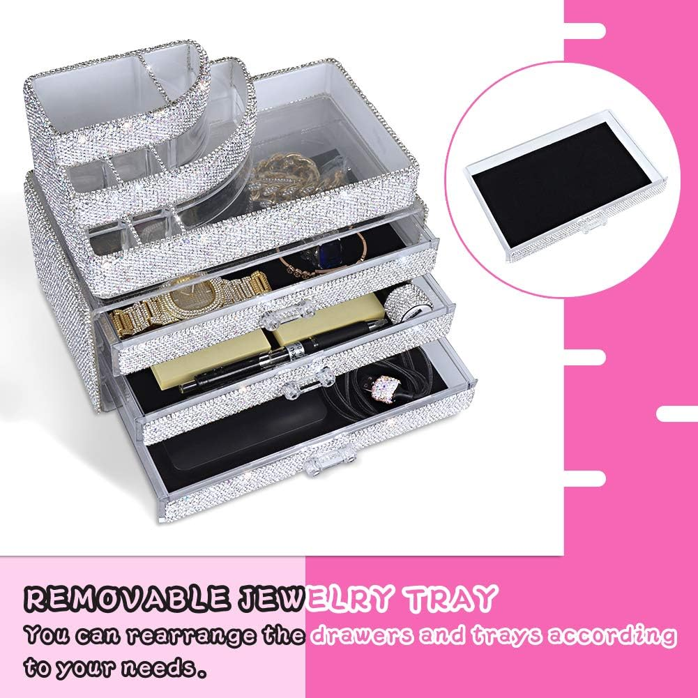 Makeup Organizers Drawer,Jewelry Cosmetic Storage Display Boxes, Makeup Brush Holder, Cosmetic Holder,Bling Diamond Countertop Jewelry Case,2 Pieces Set (Purely Handmade)(White)&hellip; image number 4