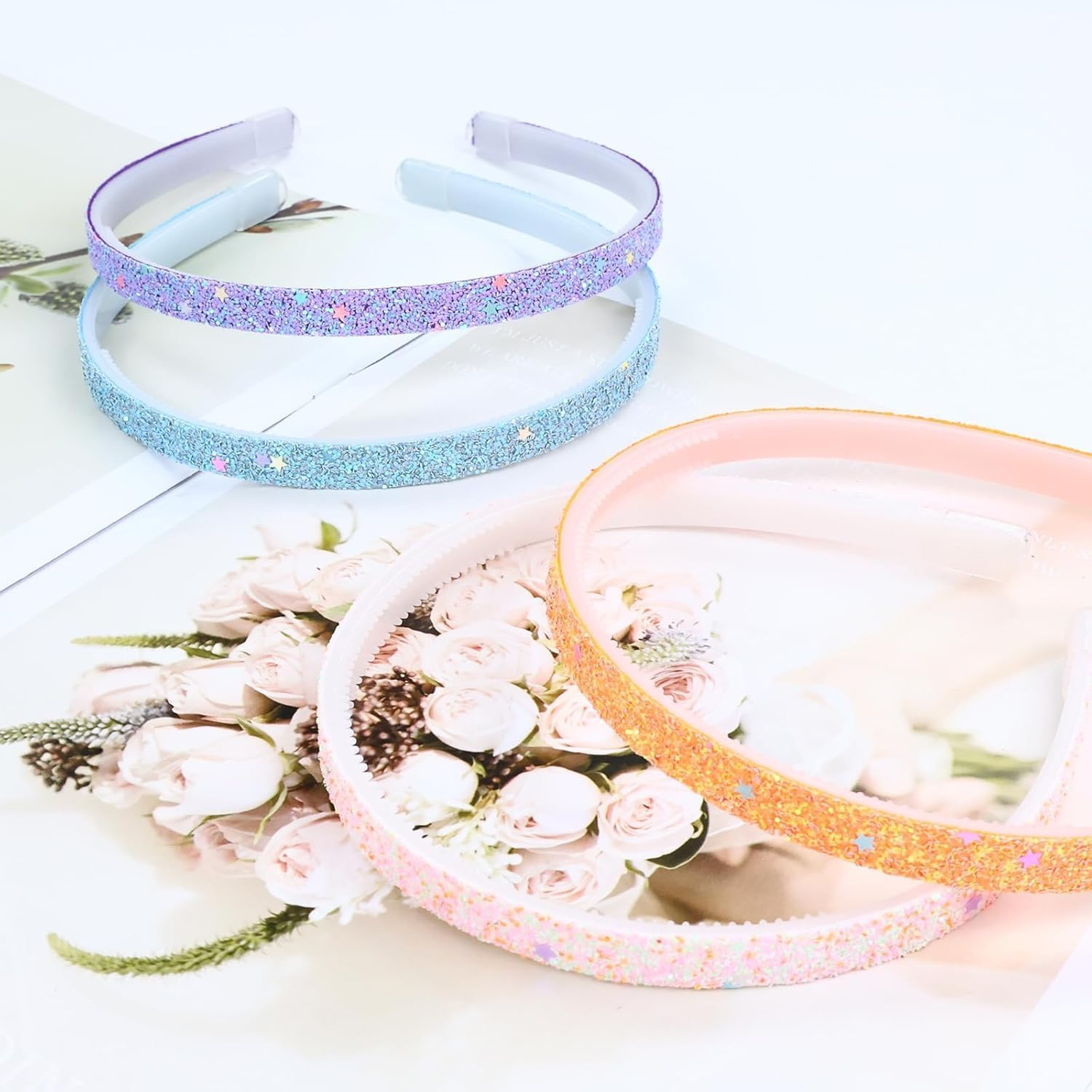 Pack of 5 Glitter Hair Bands - Colourful Non-Slip Hair Accessories - Cute Rainbow Confetti Design - Ideal for Little Girls Festive Occasions image number 1