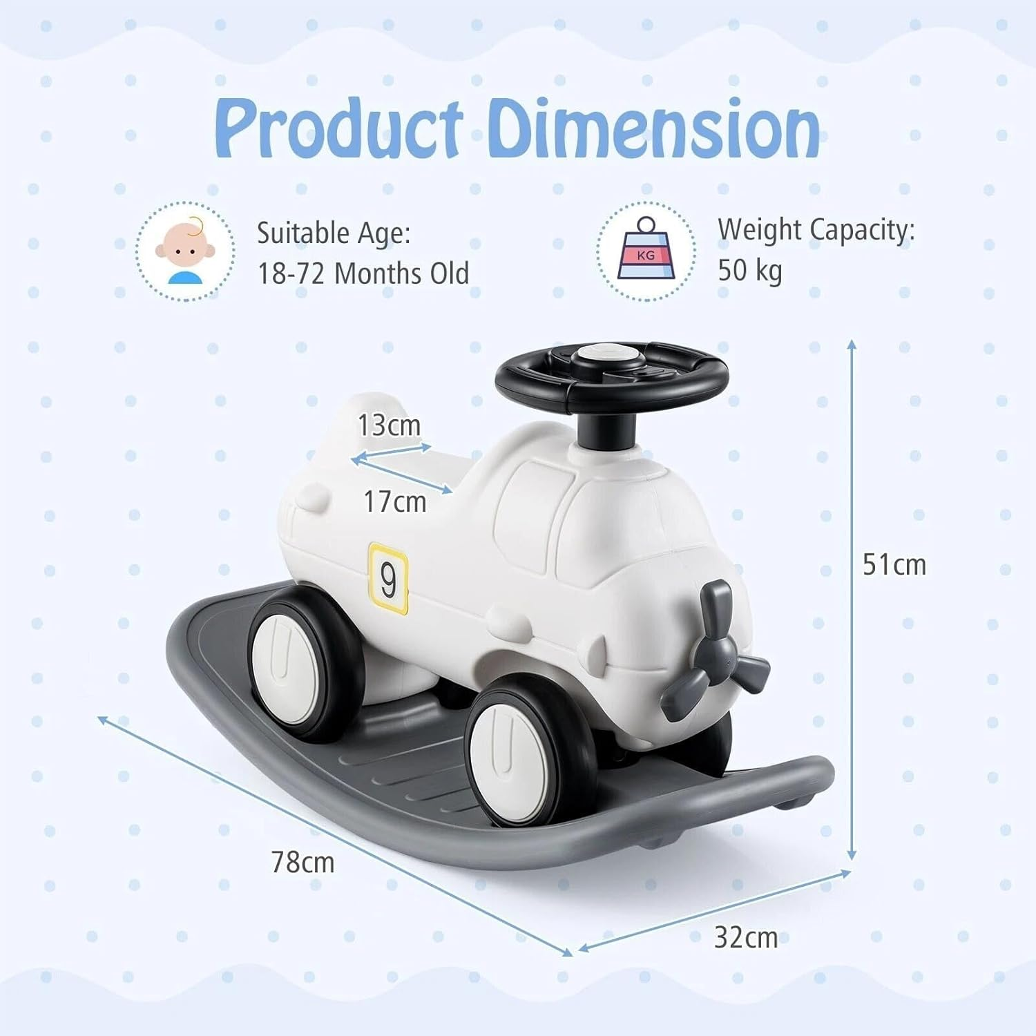 Techshining 3-In-1 Rocking Horse & Ride-On Car with Balance Board, Toddler Rocker with Wheels, 60&deg; Steering, Backrest & Anti-Roll Design for Kids image number 2