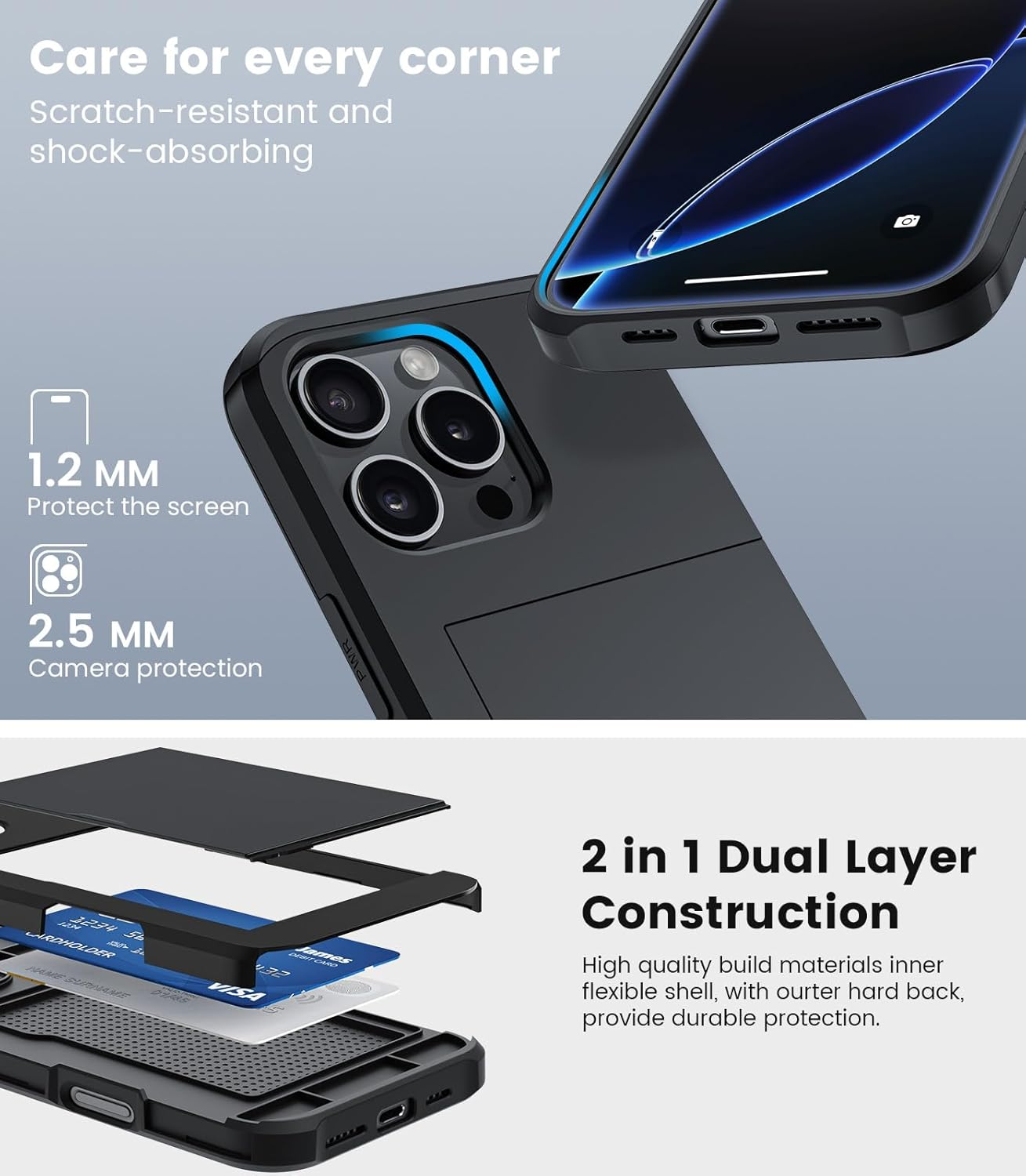 Nicekool Case for Iphone 15 with Card Slot, Silicone TPU Case Card Case Shockproof Armor Protective Bumper Mobile Phone Case Heavy Duty Cove Wallet Case, Black image number 6