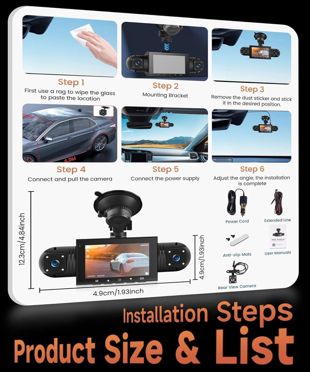 4 Channal Dash Cam 360&deg; Car Recorder Front and Rear inside Side，3 Inch 1080P DVR Camera with 480 Rear Pull + G-Sensor, Rearview, Night Visio, Loop Record, 24H Parking Watch image number 2