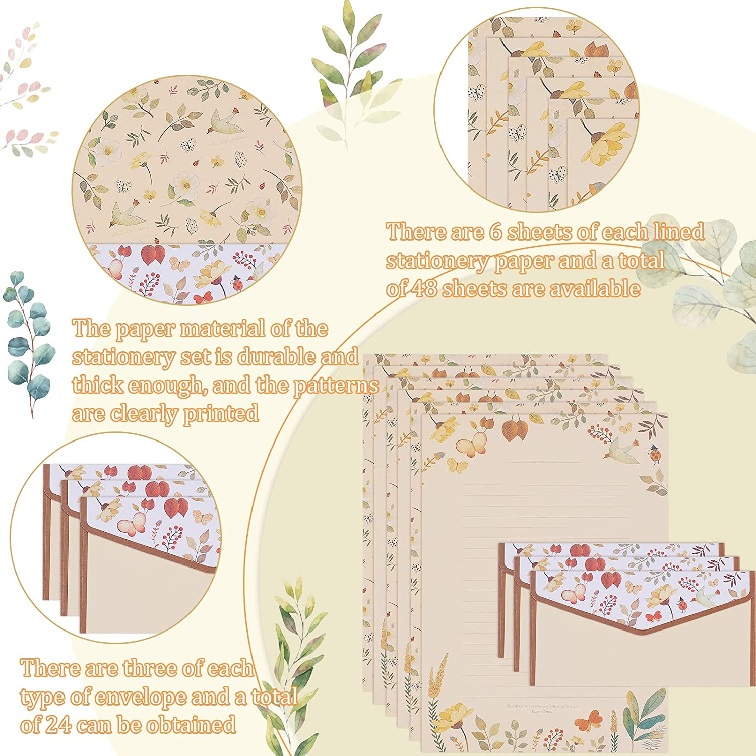 72Pcs Stationery Paper and Envelopes Set Contain 48Pcs Letter Paper 24Pcs Envelopes Double Sided Floral Design Lined Stationary Set for Writing Letters Poem Office School Supplies image number 2