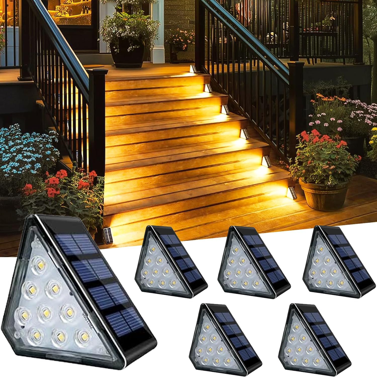 Solar Stair Lights, IP67 Waterproof Outdoor Solar Step Lights, 3000K Warm White Outdoor Solar Powered Step Lights, Dusk to Dawn Lighting Decor for Garden, Stair, Deck, Front Porch, Patio (6 Pack) image number 6