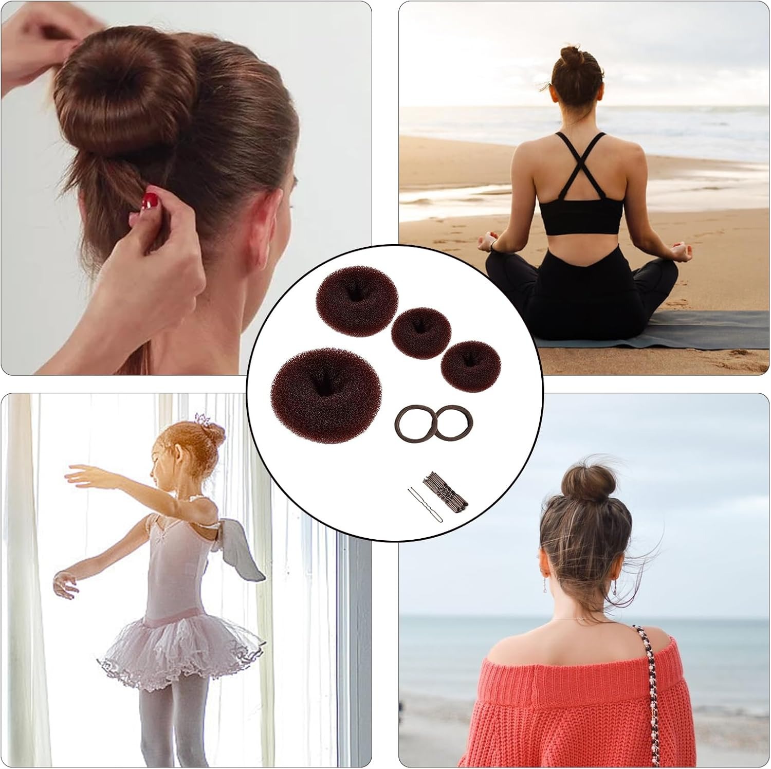 Set of 4 Hair Bun Makers, Hair Bun Maker Set, Hair Bun Maker, Hairstyle Aid Small and Large, Hair Cushion, Hair Donut, Bun Cushion with 2 Hair Bands, 10 U-Shaped Hair Clips, Hair Pin for Children And image number 4