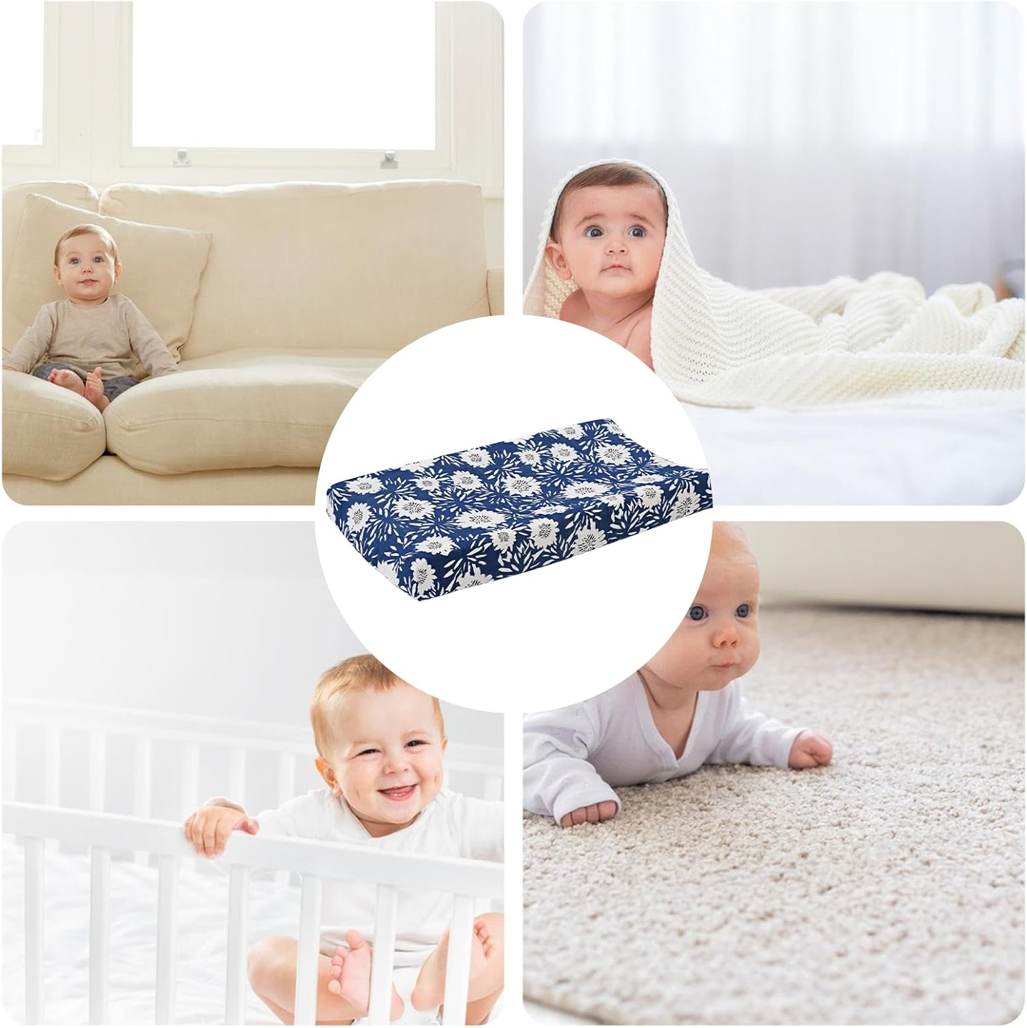 Baby Pad Cover - Soft Cotton Leaves, Breathable Cotton Nursery Leaves | Fitted Changing Table Cover, Stretchy Diaper Changing Pad, Tab Use - Navy Blue Background Flower image number 6