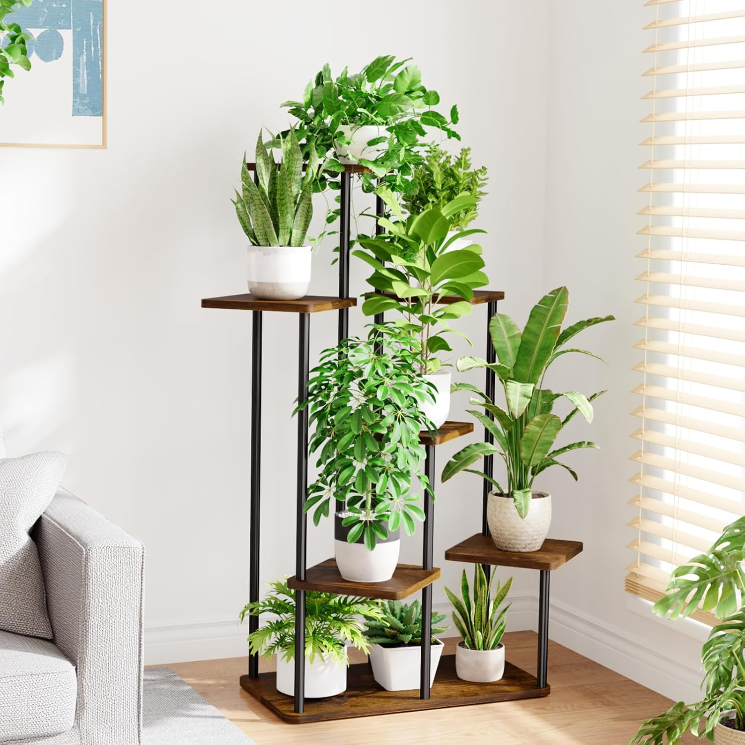 Bamworld Large Plant Stand Indoor Outdoor, Tall Metal Pot Plant Shelf Stand for Multiple Plants, 7 Tier Tiered Flower Garden Accessories Stand for Patio Balcony Living Room Bedroom(Brown) image number 5
