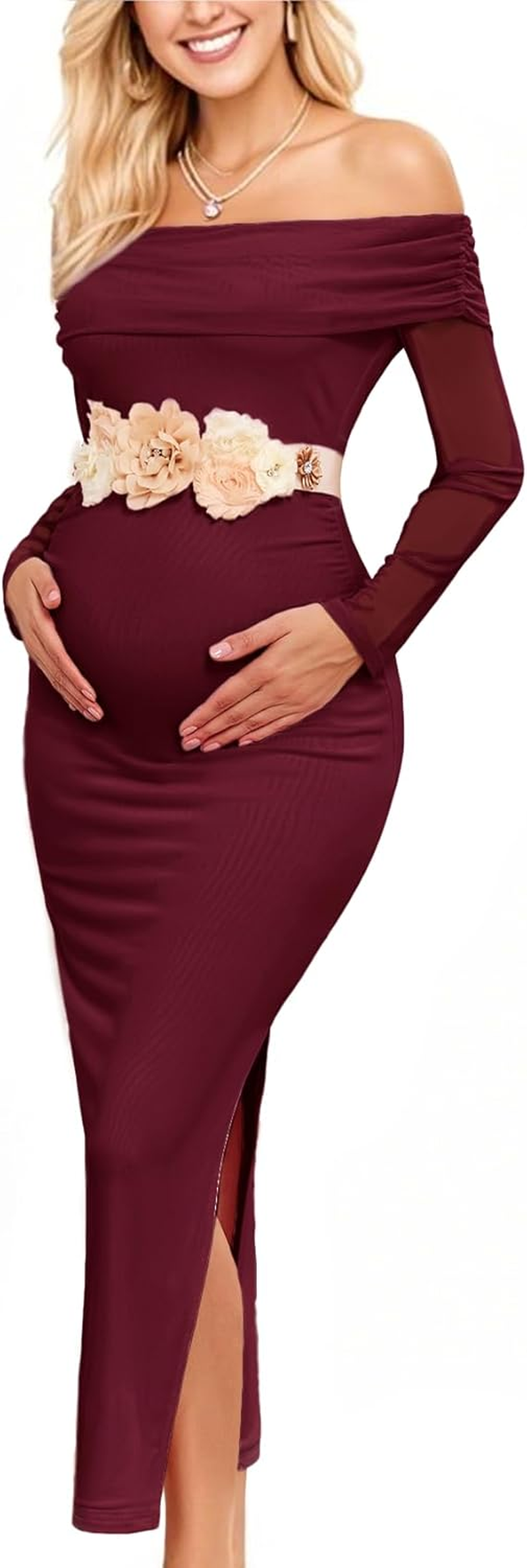 CYCLAMEN off Shoulder Maternity Mesh Split Dress Ruched Fitted Pregnancy Dresses Baby Shower Photoshoot, without Belt