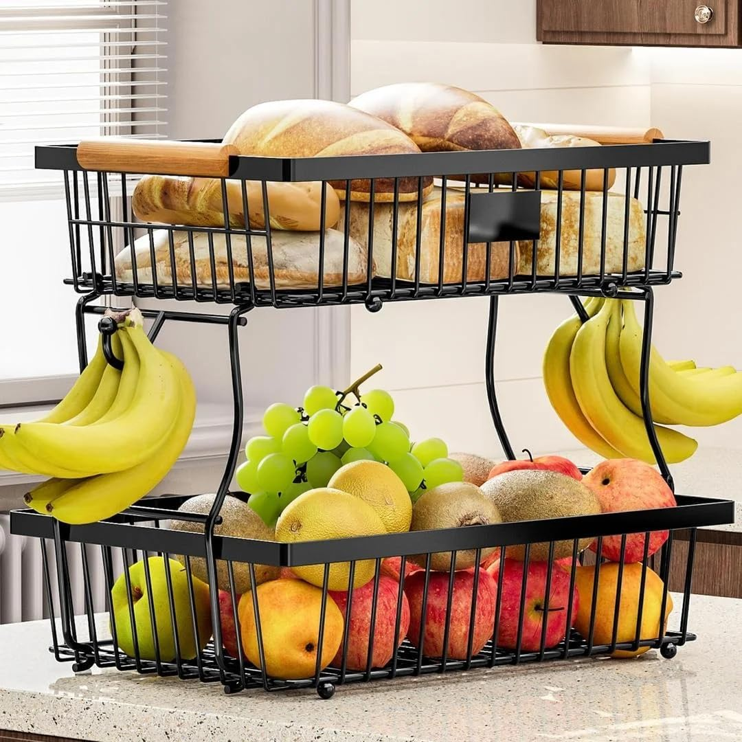 2 Tier Countertop Fruit Basket Bowl with 2 Banana Hangers, Kitchen Counter Metal Wire Fruit Storage Basket Stand Holder Organiser for Bread Snacks Veggies Produce image number 3
