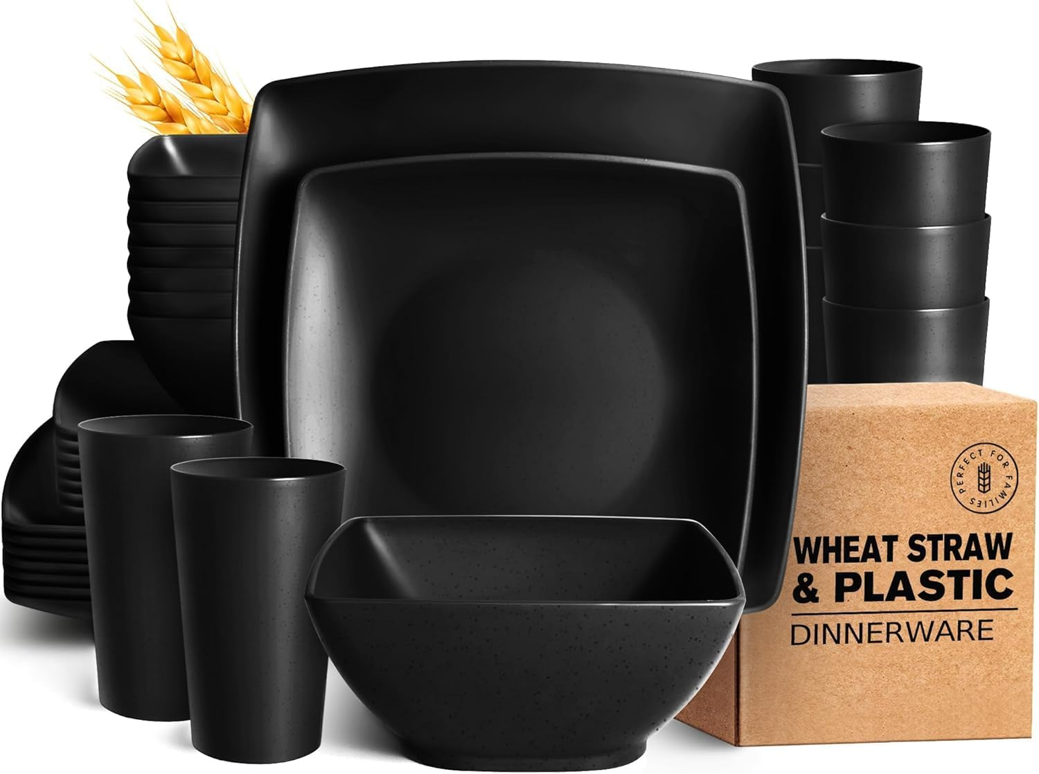 HOMIEST 32-Piece Plastic Wheat Straw Square Dinnerware Set for 8, Unbreakable Dinner Plates, Salad Plates, Snack Bowls, Tumblers 20 Oz, Dishwasher Safe, Black Matte