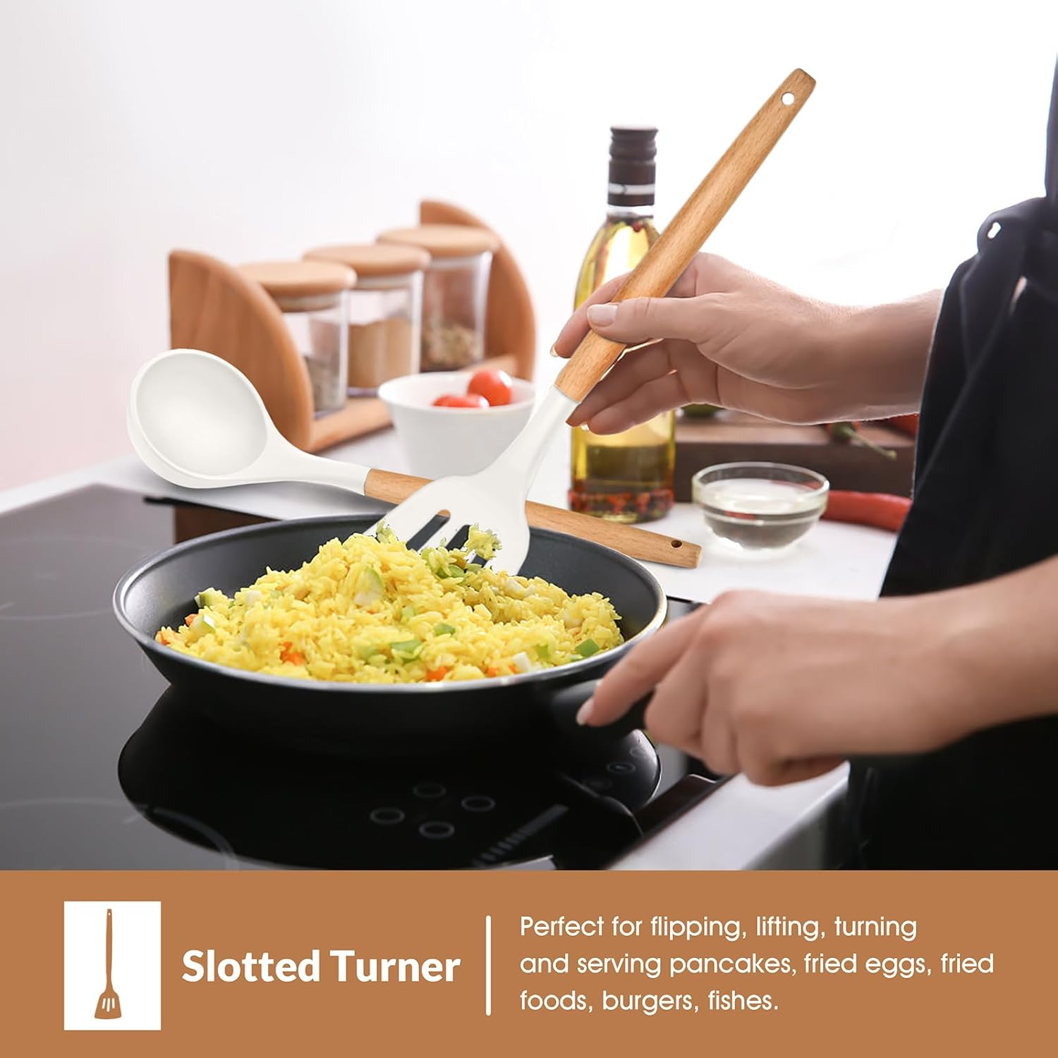 E-Far White Cooking Utensils Set of 6, Silicone Kitchen Utensils with Wooden Handle, Non-Stick Cookware Friendly & Heat Resistant, Includes Spatula/Ladle/Slotted Turner/Serving Spoon/Spaghetti Server