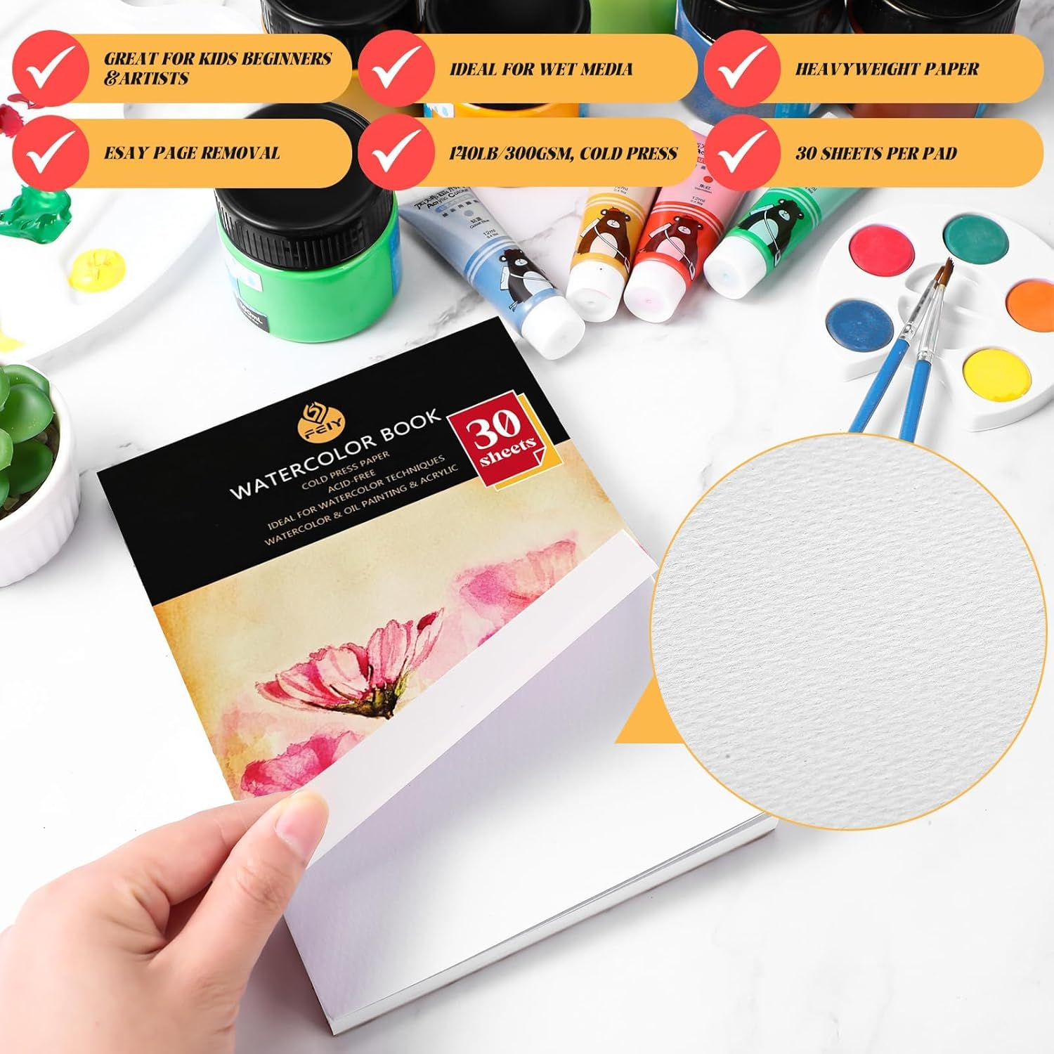 Watercolor Paper, 30 Sheets 300Gsm/140Lbs Drawing Paper Pad. A4 Watercolor Book Pad Acid Free, Cold Pressed, Watercolor Sketchbook for Painting, Drawing, Quick Drawing and Mixed Media. (颜色B) image number 5