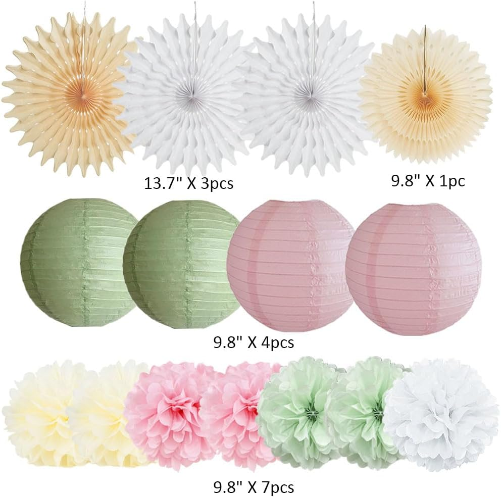 Sage Green Party Decorations Paper Lanterns Decorative Pink Tissue Paper Pom Poms Sage Green and Pink Party Decorations with Gold Star Garland for Baby Shower Bridal Shower Birthday Wedding image number 6