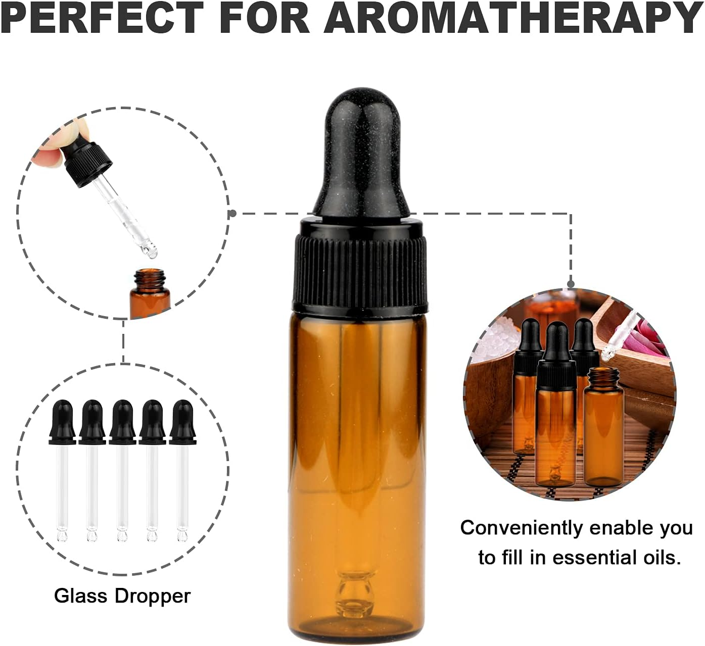 Furnido 5Ml Amber Glass Dropper Bottle,Empty Essential Oil Bottles Glass Vials with Glass Eye Dropper for DIY Aromatherapy Colognes Perfume Liquid Sample Blends Pack of 35-2Pc 2Ml Dropper Included image number 1