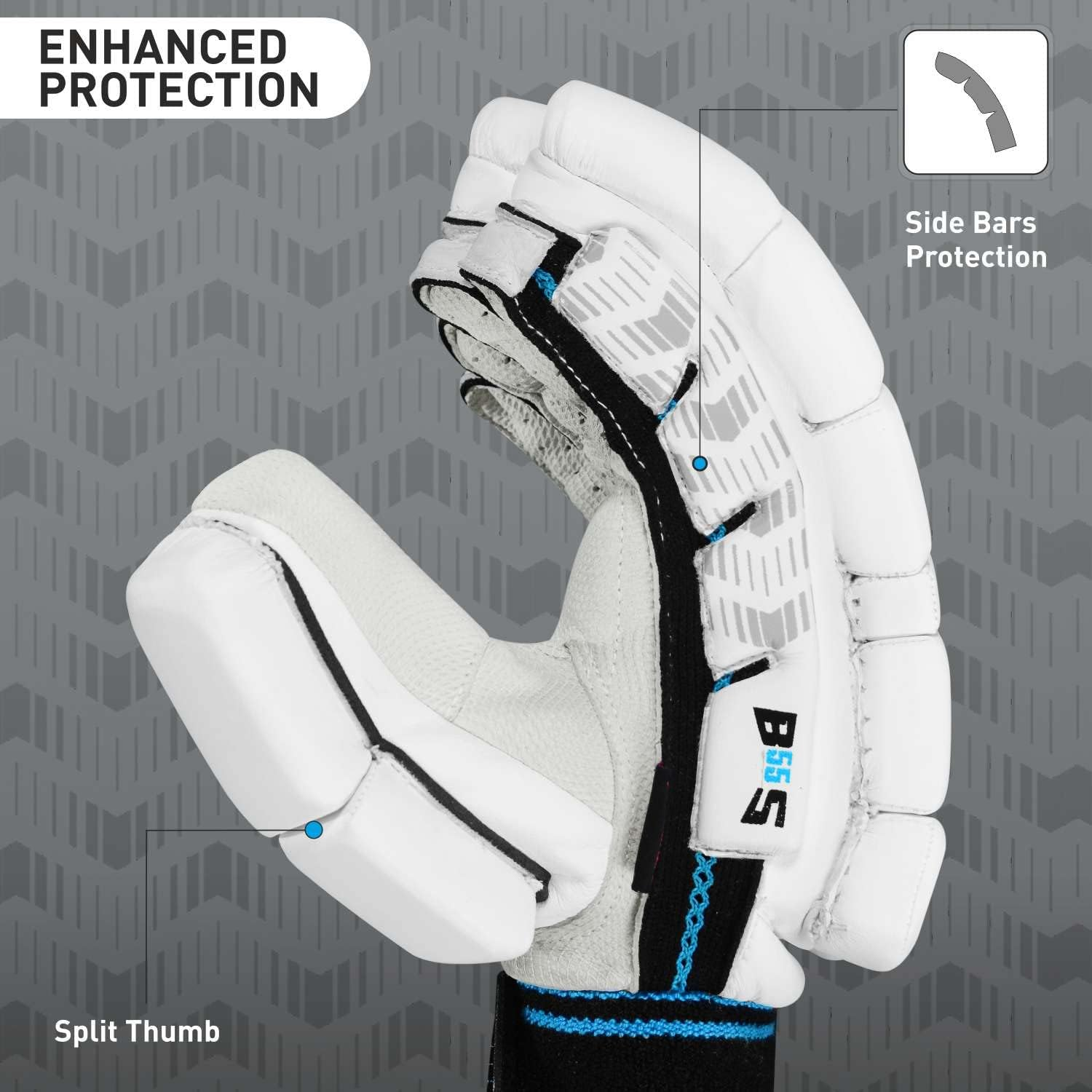 GM Diamond Original L.E Cricket Batting Gloves with English Pittard Leather Palm for Men Left Handed | Ergonomically Designed | Highest Protection | Utmost Comfort | Colour: White/Black/Blue image number 2