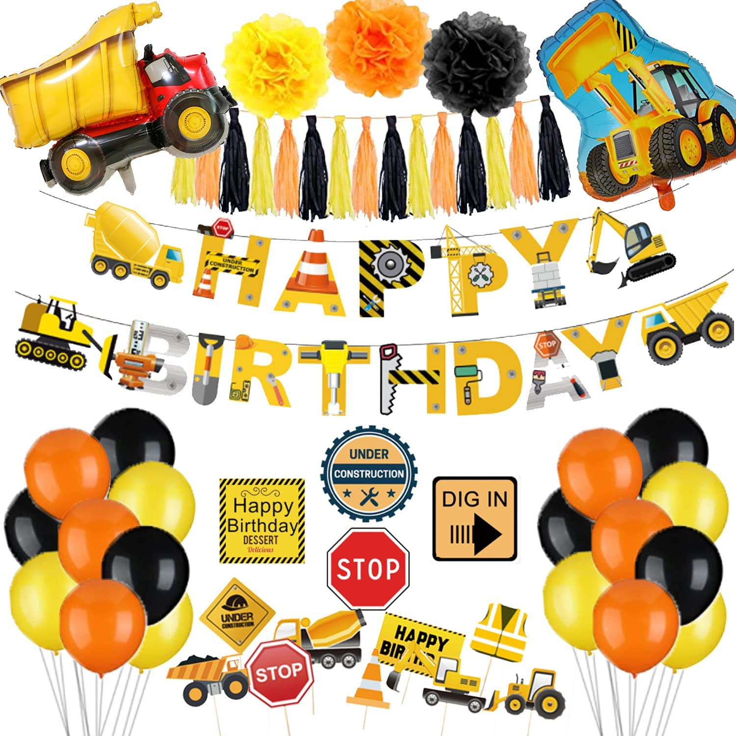 Construction Birthday Party Balloons, Construction Balloons Excavator Foil Balloons Construction Cupcake Toppers Construction Signs Construction Happy Birthday Banners for Birthday Party Decorations