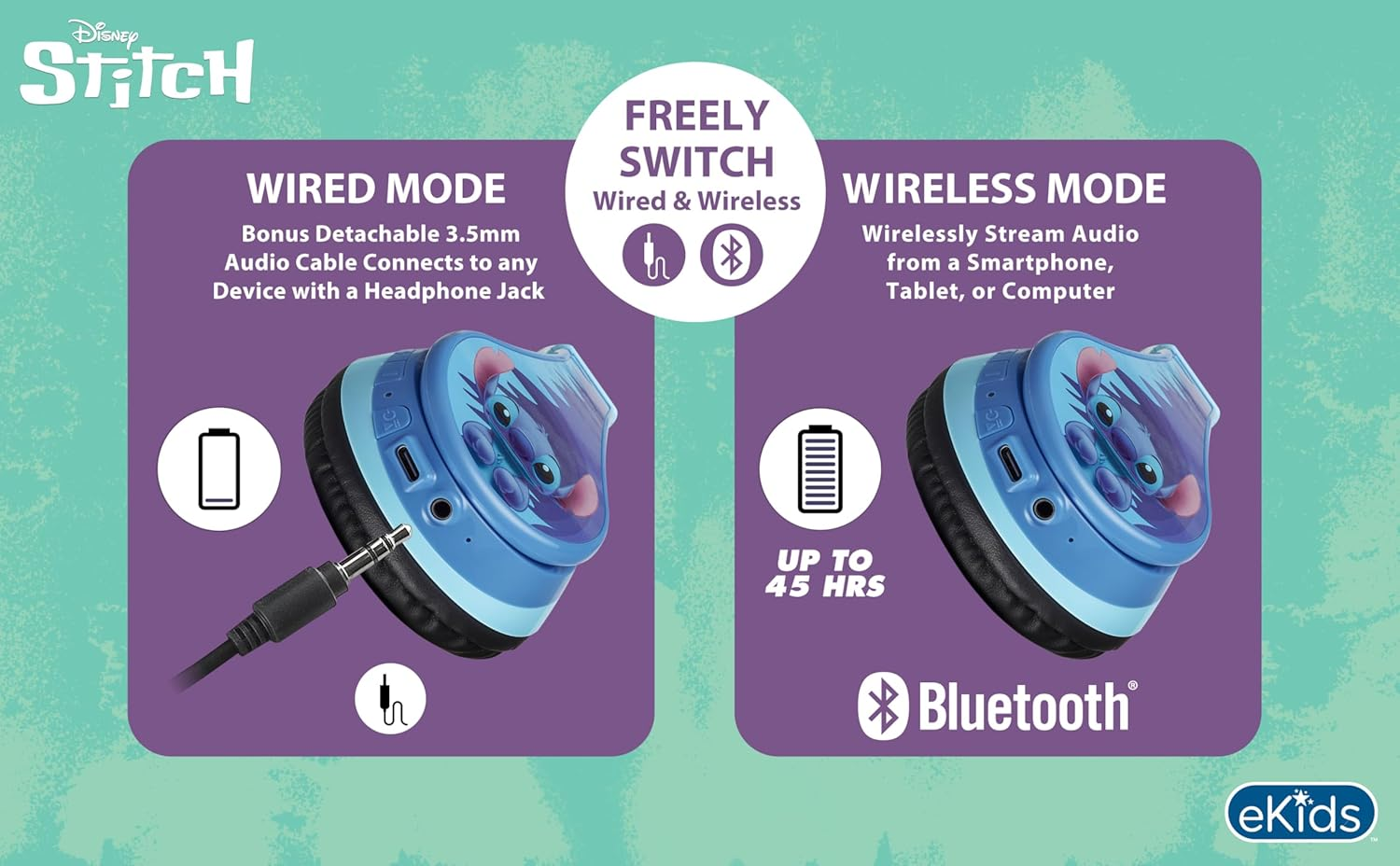 Ekids Disney Stitch Bluetooth Headphones Wireless Headphones with Mic Included Aux Cable - Foldable Headphones for Children for School, Home or Travel image number 3