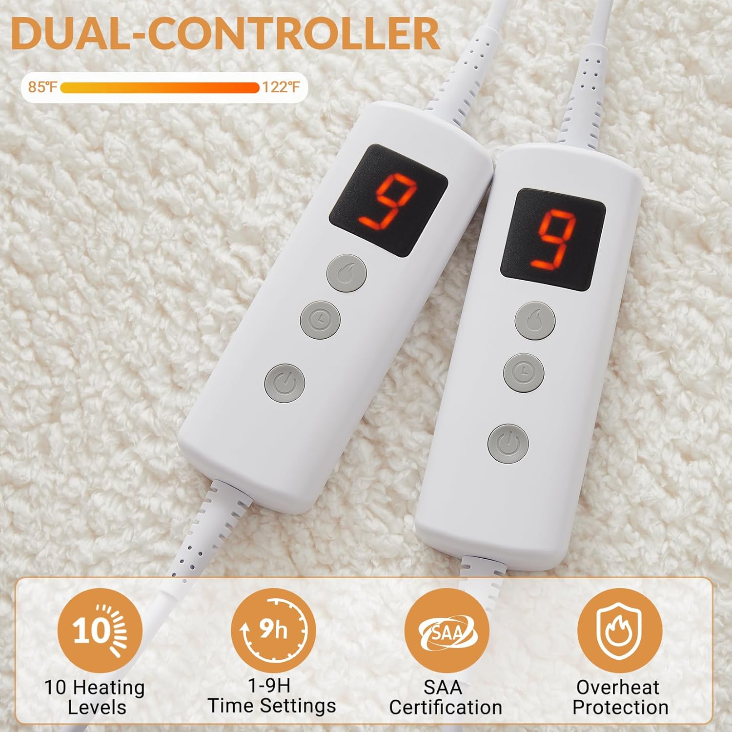 Dual Control Electric Blanket King, Faux Sherpa Fleece 350GSM Heated under Blanket with 10 Heat Settings & 1-9H Auto-Off, Fully Fitted Electric Mattress Pad, Overheat Protection, Machine Washable image number 5