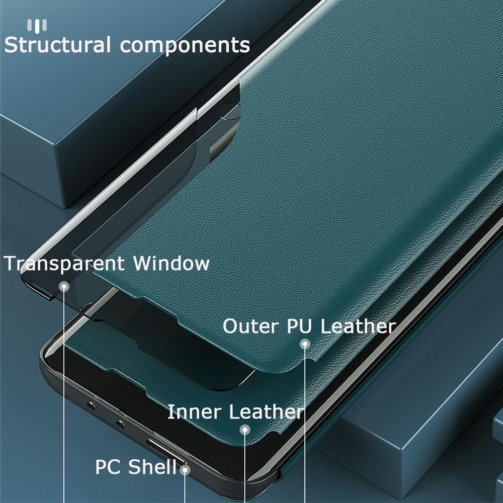 Compatible with Samsung Galaxy S22 Ultra Case, Smart Clear View Windows Case + Flip PU Leather Stand Cover for Women Men, Shockproof Drop Protective Cover for Galaxy S22 Ultra Black QHC - Blue image number 4