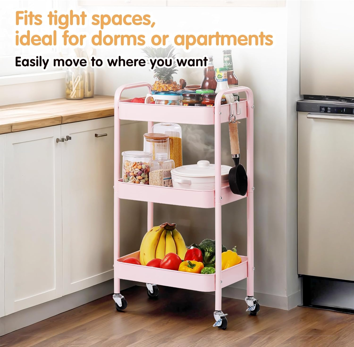 Tiita 3 Tier Rolling Utility Cart, Metal Storage Utility Organizer Cart with Wheels, Slim Rolling Cart Organizer for Kitchen, Bathroom, Office, Pink image number 2