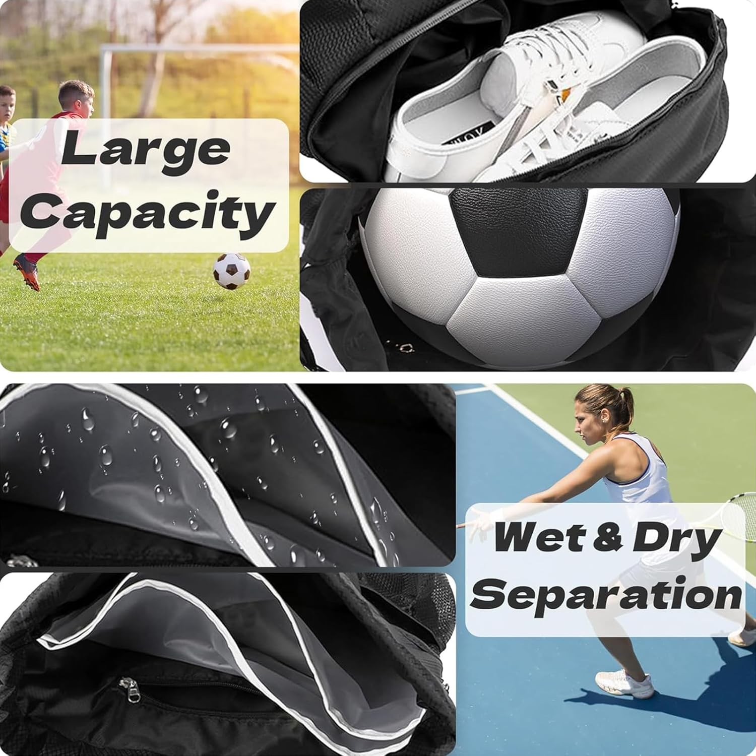 Sports Drawstring Gym Bag with Shoe Bag, Waterproof Drawstring Bag with Wet Pocket & Mesh Bottle Pockets for Women Men, Sport Bag for Swim Travel Fitness Workout image number 2