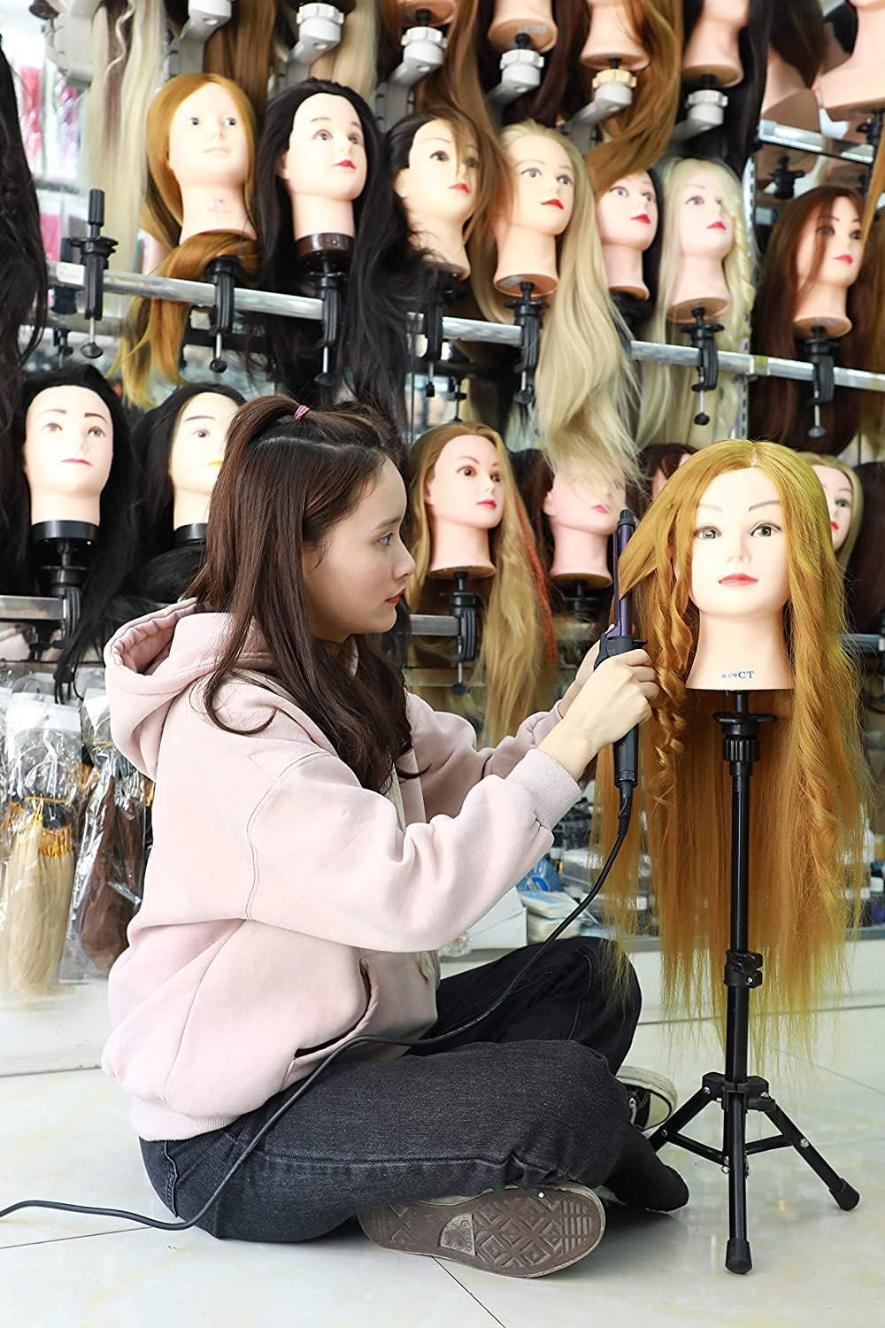 Mini Wig Stand Tripod with Head Adjustable Mannequin Head Stand Wig Head Stand Wig Tripod Stand for Cosmetology Hairdressing Training(25 Inch,Black) image number 1