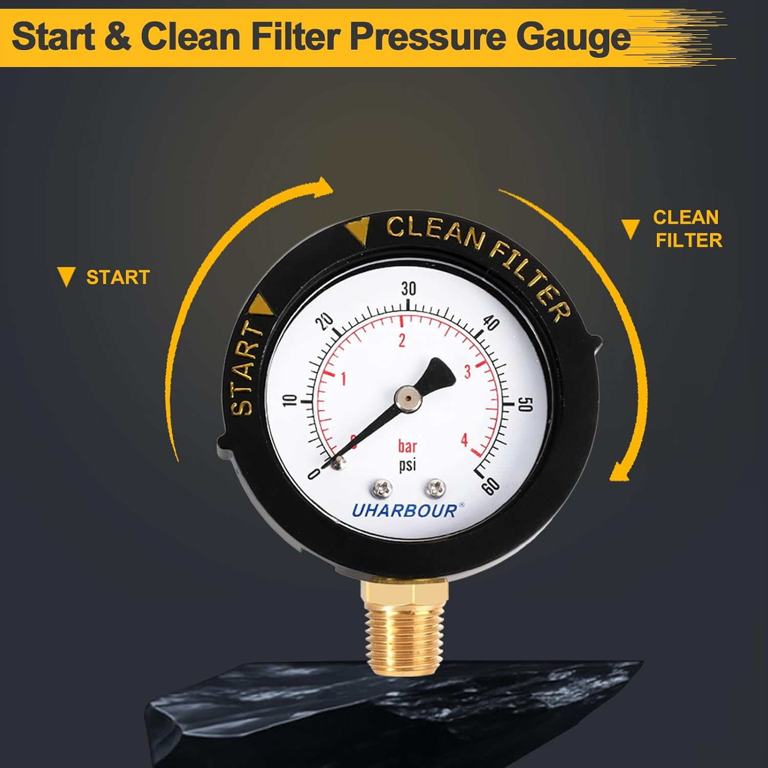 Pool Filter Pressure Gauge 60Psi - 2" Dial with Bezel, 1/4" Center Bottom Mount, 1/8" Adapter - Pump Replacement
