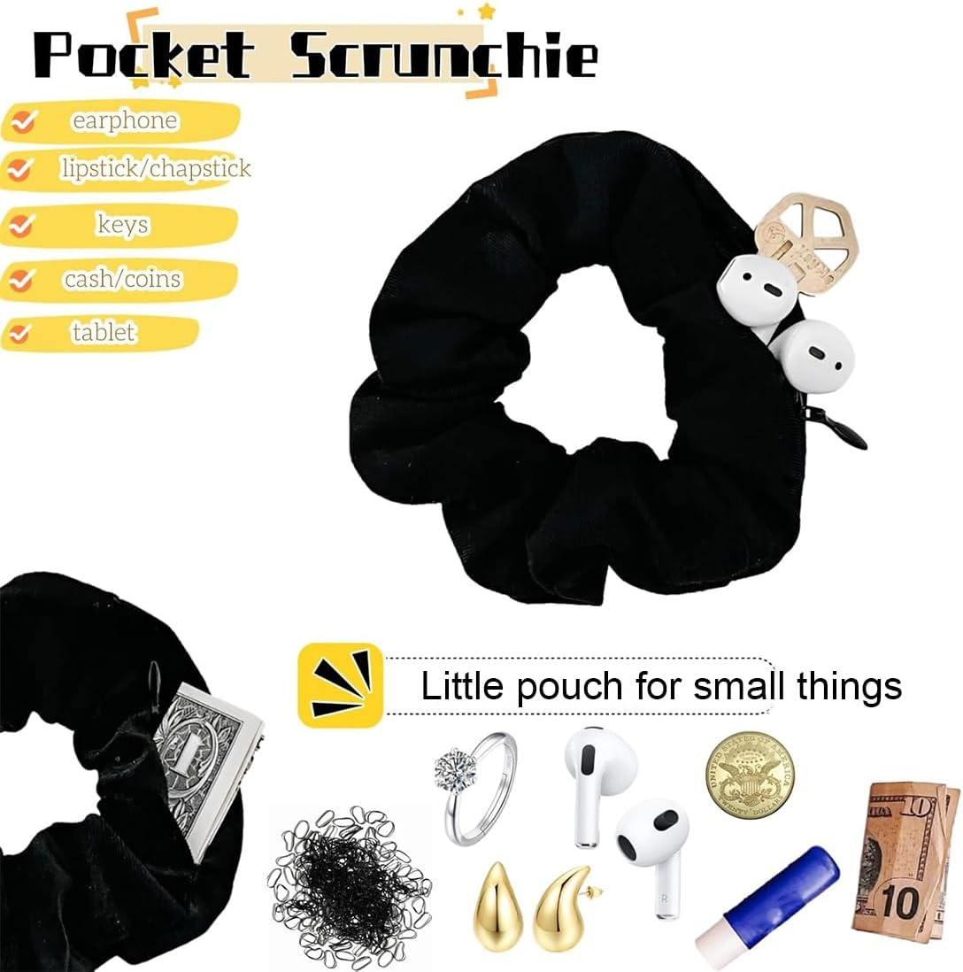 3 Pcs Velvet Scrunchie with Hidden Zipper Pocket, Velvet Scrunchies Hair Scrunchies with Hidden Zipper for Accessories, Small Items, Keys, Money image number 2