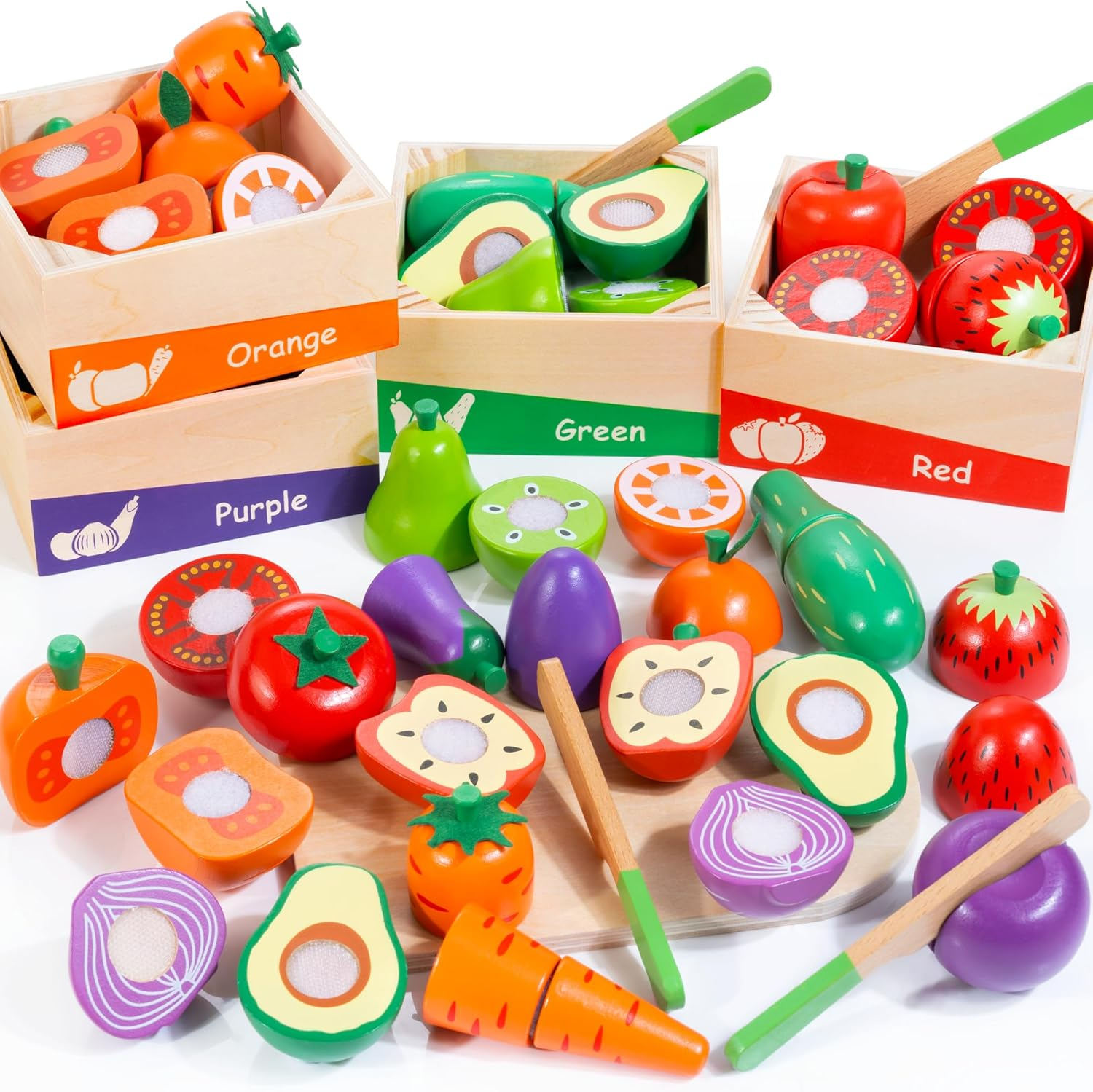 Wooden Play Food for Toddlers, Color Food Groups, Fruit & Veggies Cutting Set, Pretend Play Food Kitchen Accessories for 3 4 5 6 7 Years Old Boys & Girls image number 6