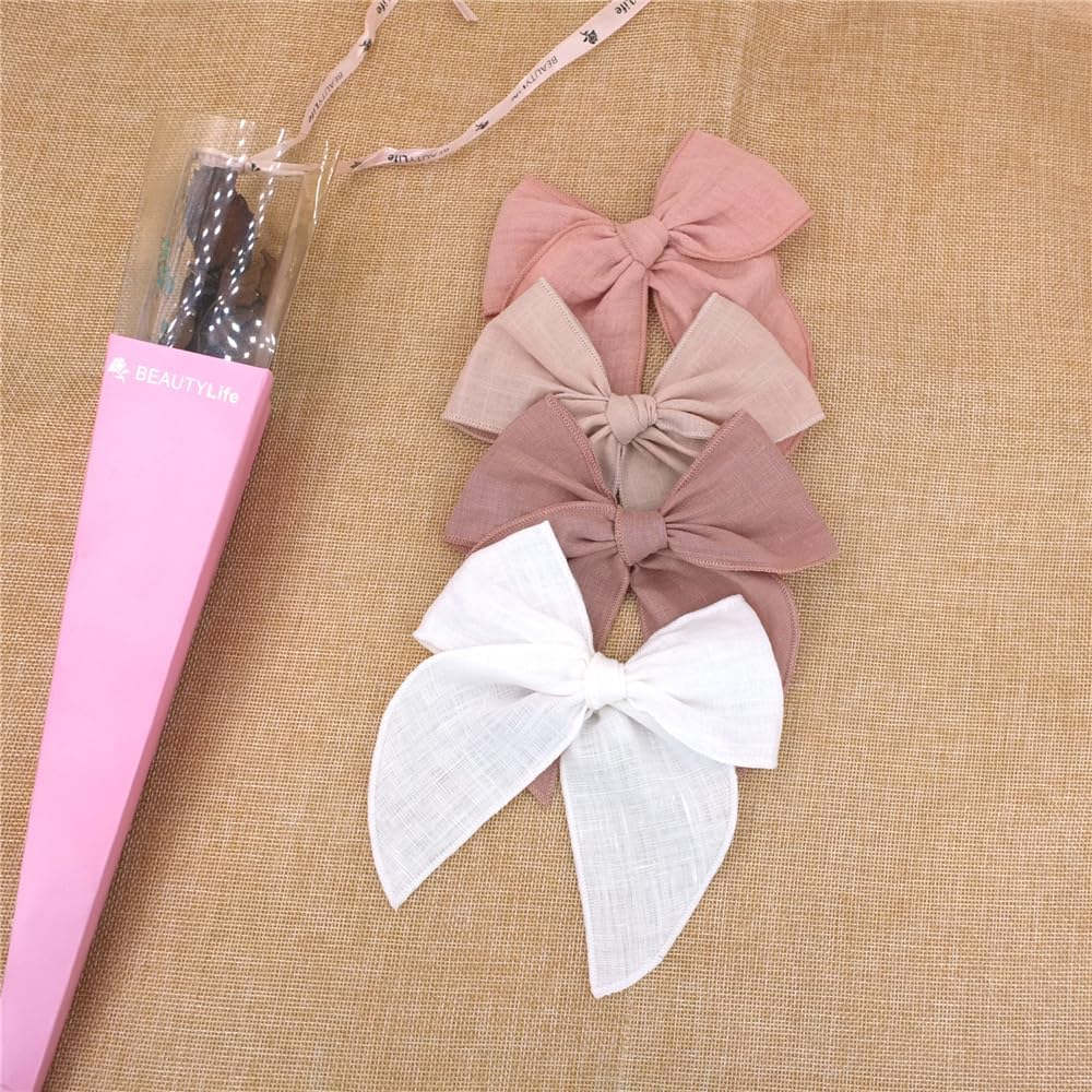 Pack of 4 Gorgeous Fable Bow Hair Clips for Girls Women Linen Hair Bow Alligator Clips Toddler Baby Mom Young Girl Hair Accessories (Antique Natural) - Antique Natural image number 2