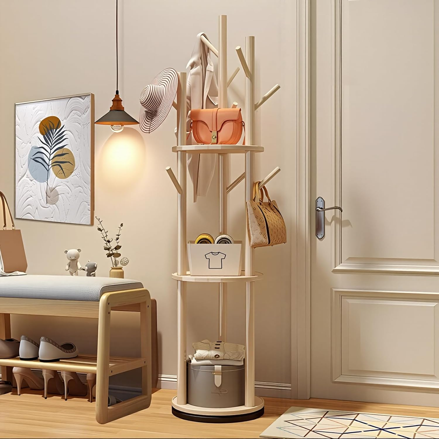 Uandhome Wood Rotary Coat Rack, Freestanding Coat Rack with 3 Shelves and 9 Hooks, Coat Tree for Bedroom, Entryway, Livingroom, Coat Hanger Stand for Coats, Scarves, Handbags (Wood) image number 2