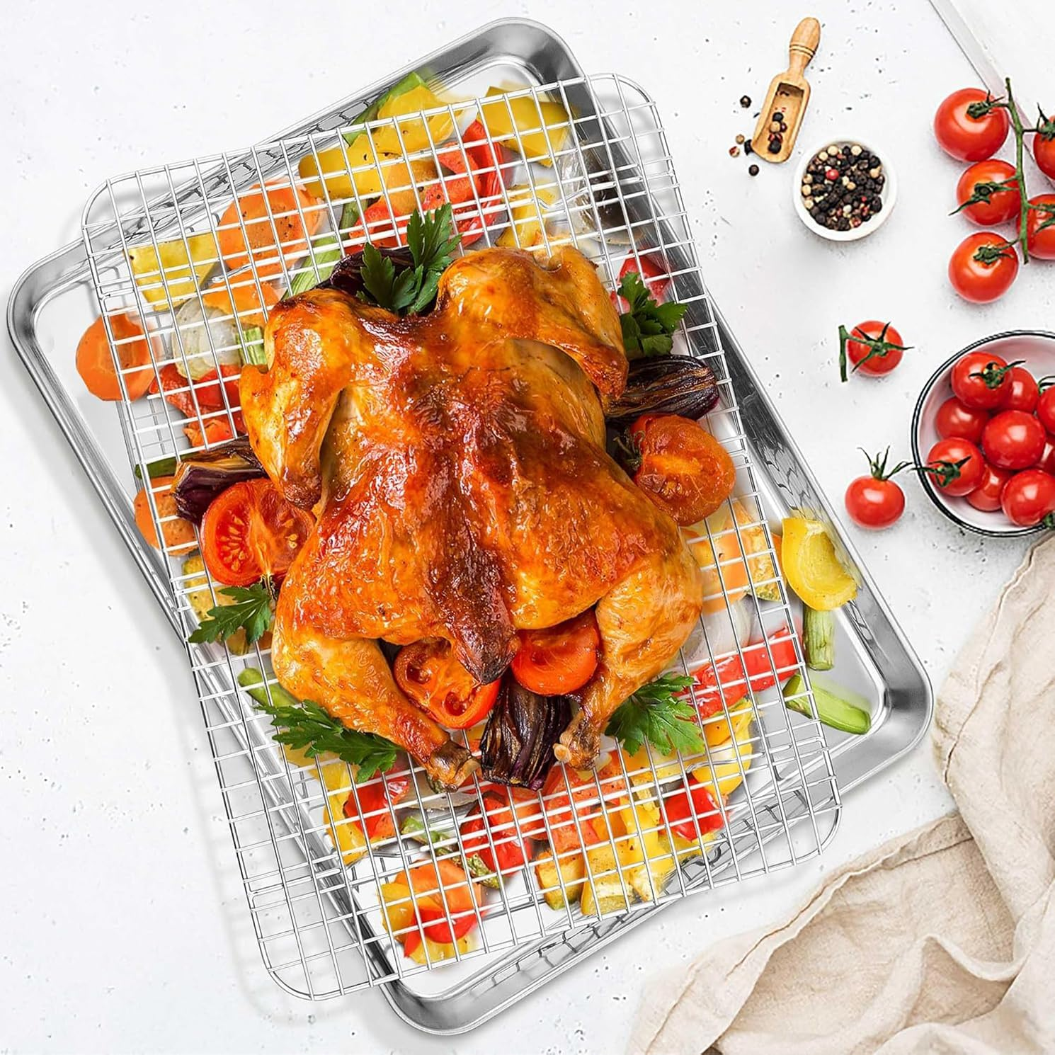 Baking Tray with Rack Set, Stainless Steel Cookie Sheet Baking Sheets with Cooling Rack for Oven, Healthy & Heavy Duty, Sturdy & Dishwasher Safe(2 Pans + 2 Grid Racks) image number 3