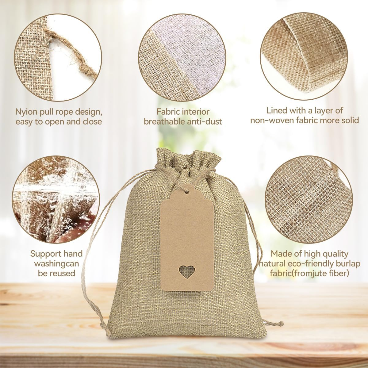 H HOME-MART 50PCS 5"X 7" Drawstring Bags with Tags & String Burlap Gift Bags Reusable Linen Sacks Bag for Birthday Party Present Wedding Favors Art DIY Craft Jewelry Pouches Christmas image number 2