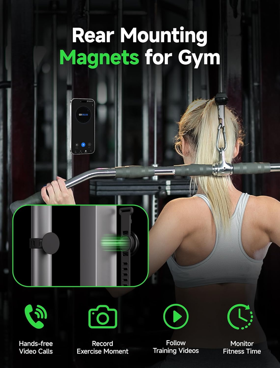 Gliship Magnetic Bar Mount, Gym Fitness Phone Mount for Magsafe, Steering Wheel Phone Holder with Adjustable Strap,Fit for Gym, Stroller, Wrist, Shopping Cart, Exercise Bikes, 17 N52 Strong Magnets