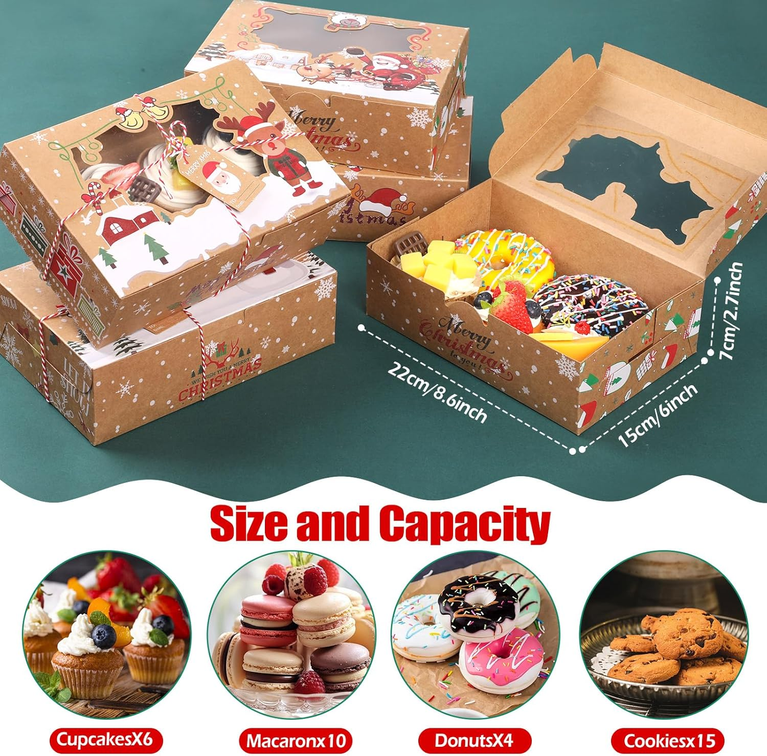 12Pcs Christmas Cookie Gift Box Treat Boxes, Large Rectangle Christmas Kraft Paper Food Container for Gift Wrapping Supplies, Cute Santa Small Christmas Box image number 5