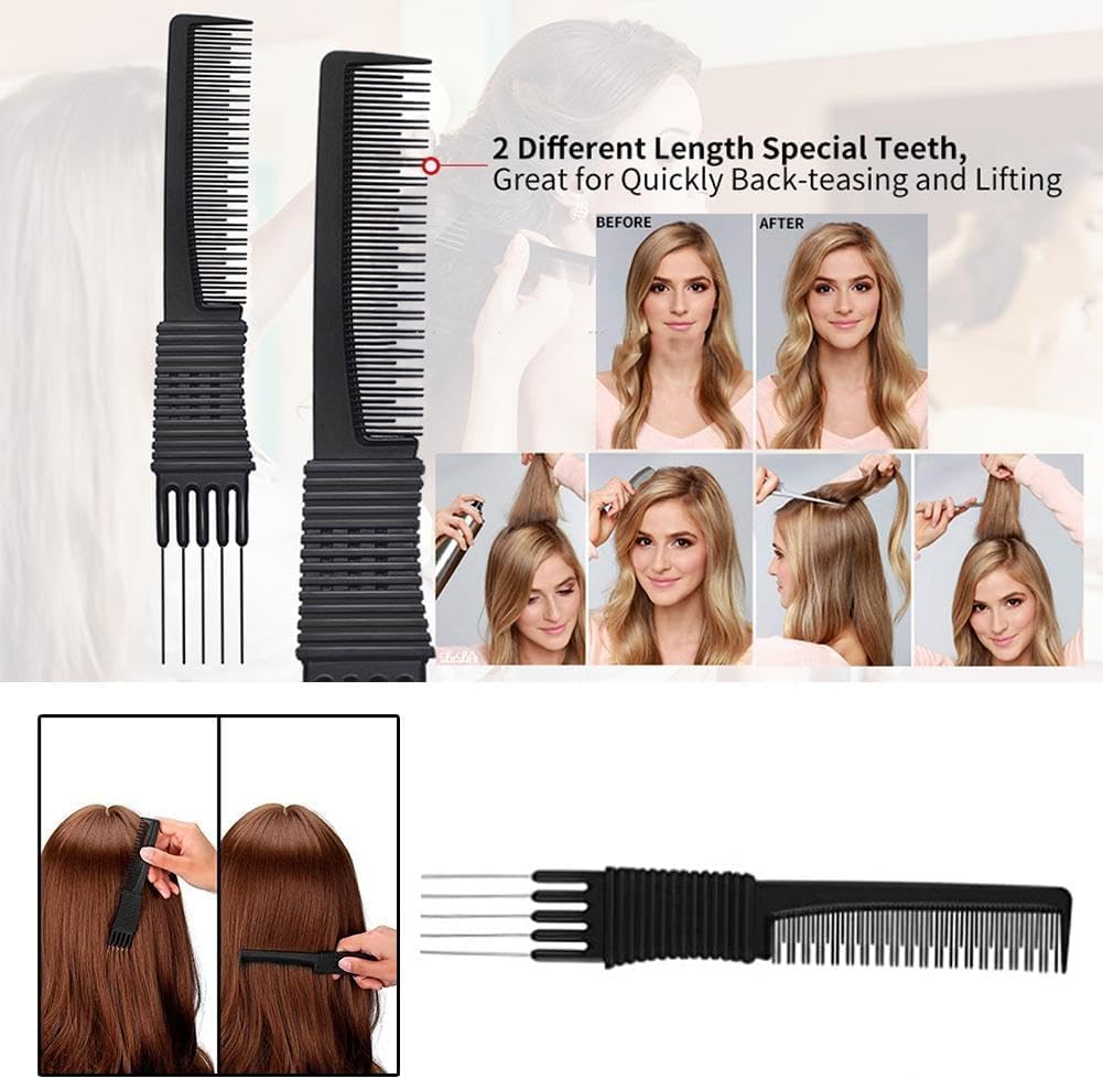 Black Carbon Lift Teasing Combs with Metal Prong, Salon Teasing Back Combs, Lifting Fluffing Comb with 5 Stainless Steel Pins image number 2
