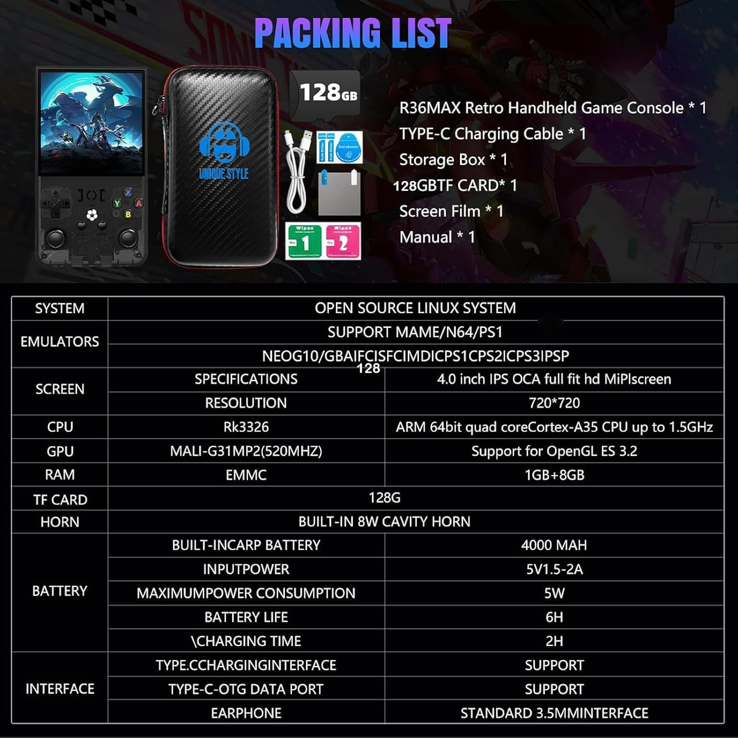 2025 R36MAX Retro Handheld Game Console with 30000+ Classic Games & 30+ Simulators, 4000Mah Rechargeable Portable Handheld with Linux System 4.0-In 4K HD IPS Screen Video Player -128GB (Blue)