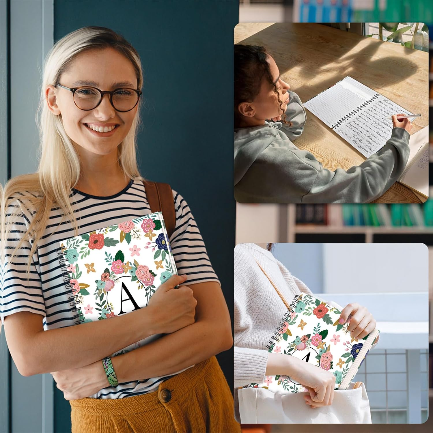 Hardcover Spiral Notebook Journal 8.5&rdquo; X 11&rdquo;, 300 Pages Journals, A4 Large College Ruled Cute Floral Letter Spiral Journal for Work School Note Taking,Lined Journal for Women Men image number 3