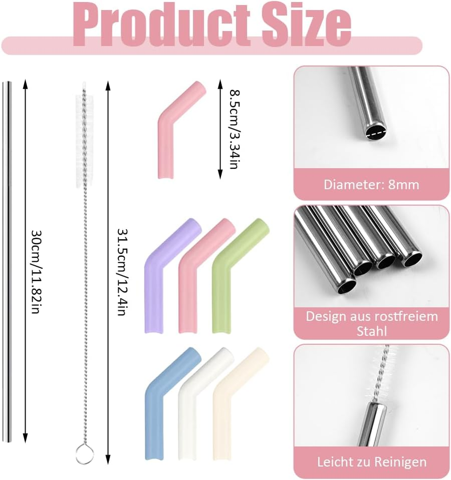 Stainless Steel Straws, Reusable, 6 Pieces Stainless Steel Straws with Silicone Tips, 30 Cm Metal Straw for Stanley Cup, Metal Straw with Cleaning Brushes for Cocktail, Smoothie and Juices, Straight image number 6