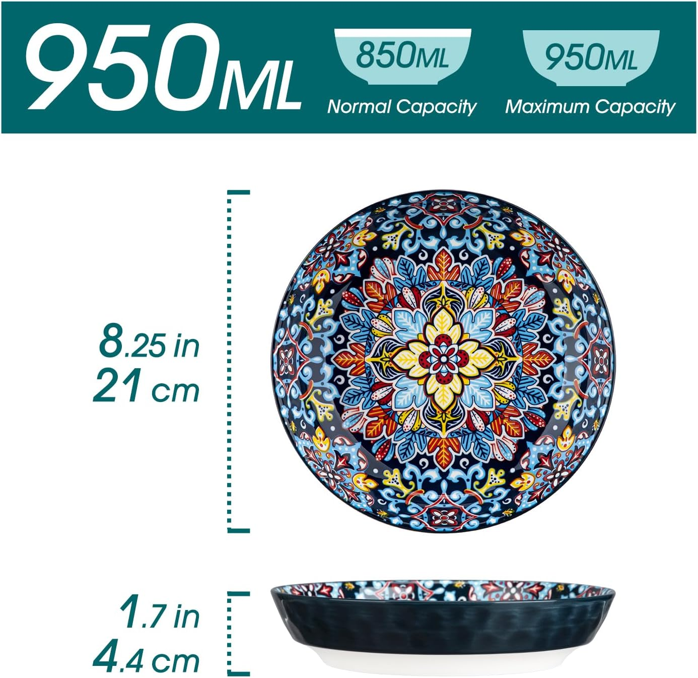 Vancasso Pasta Bowl Set, Ceramic Salad Bowls of 6, 32 Oz Large Corlorful Serving Bowls for Kitchen, Dishwasher & Microwave Safe Soup Bowls, Pasta Plates image number 3