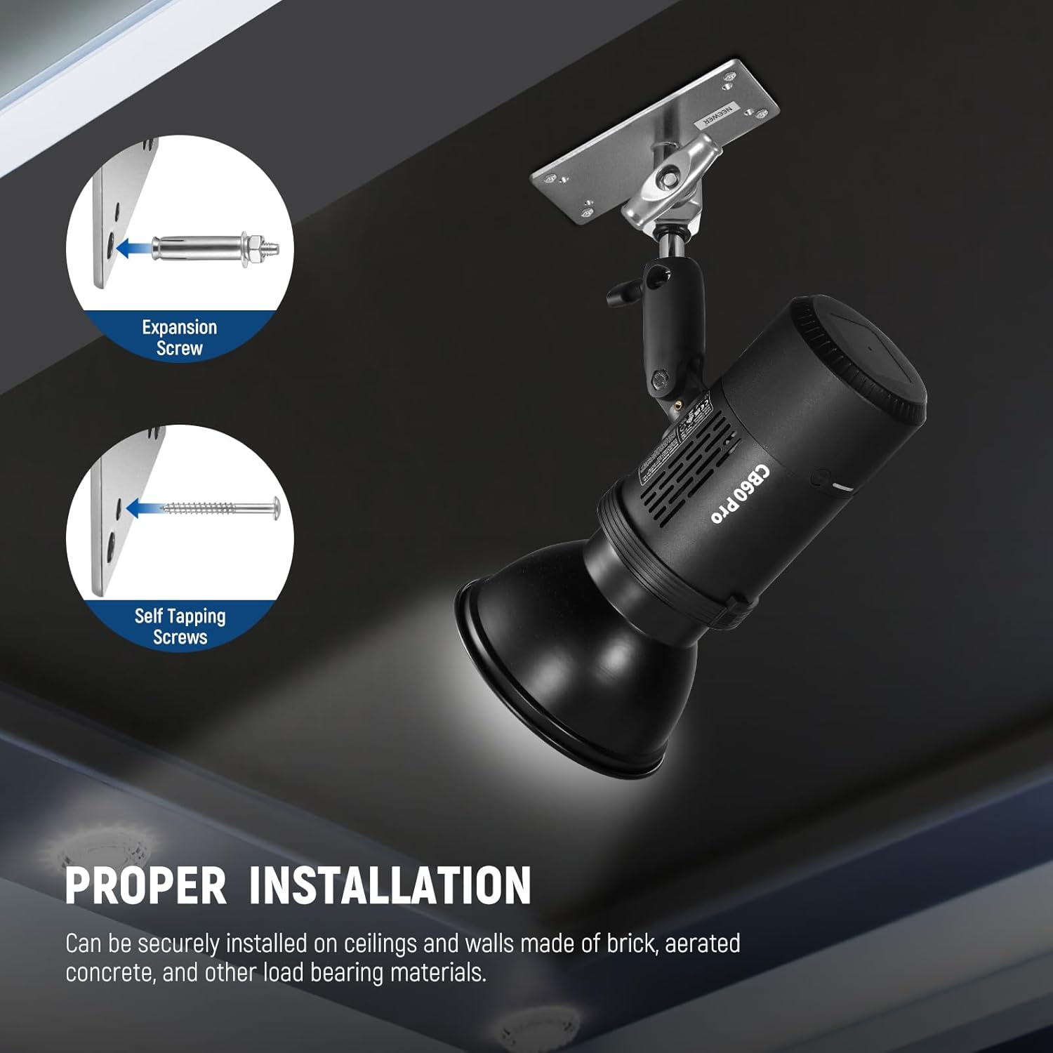 NEEWER 6.5 Inch Wall Ceiling Mount Baby Pin 5/8" Stud with 360&deg; Swivel Ball Head & 10 Screws, Photography Photo Studio Wall Mount for Ring Light,Video Light,Strobe Flash, Max Load 22Lb/10Kg, ST-WM2 image number 6