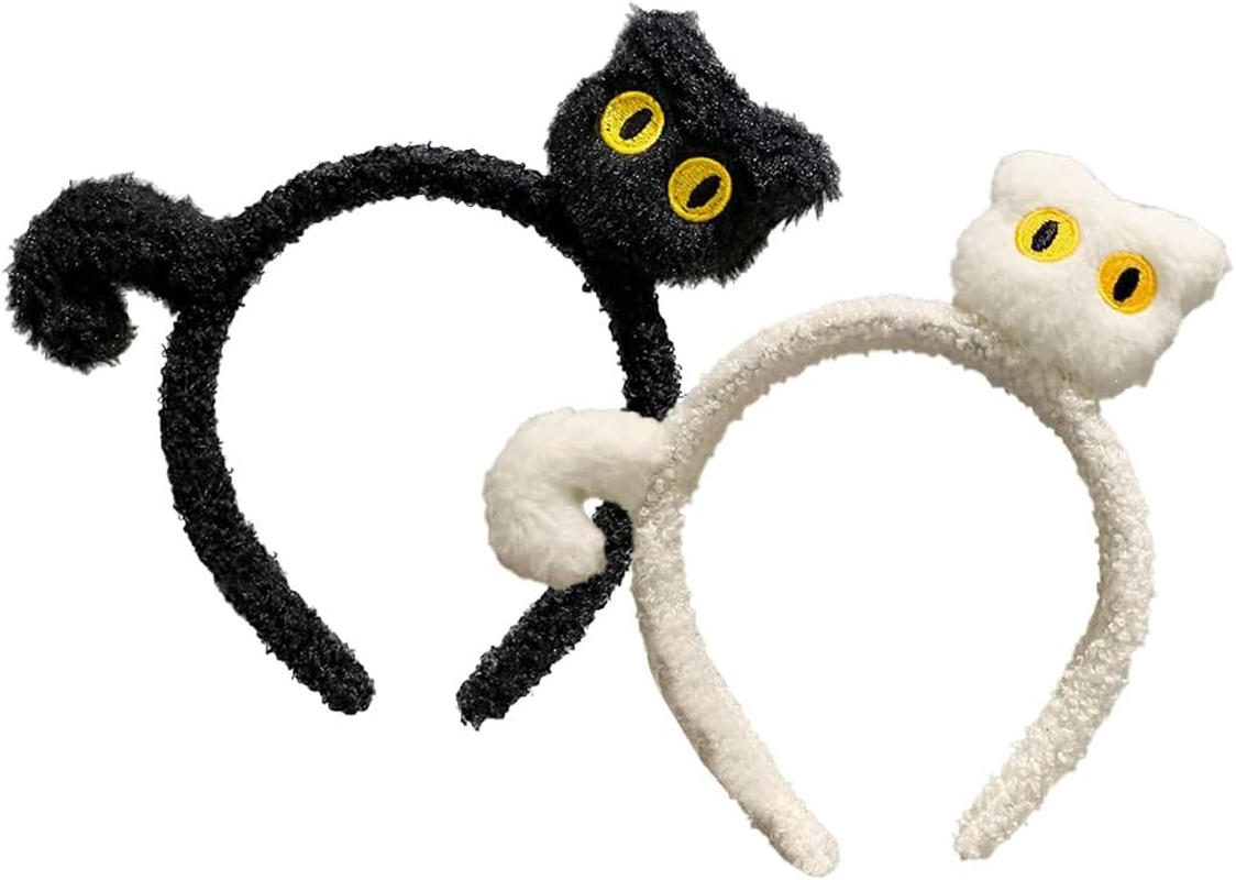 2Pcs Face Wash Headband Spa Hair Bands Black Cat and White Cat Make up Women Cartoon Cute Coral Fleece Hair Accessories for Washing Shower Sports Beauty Skin Care image number 1