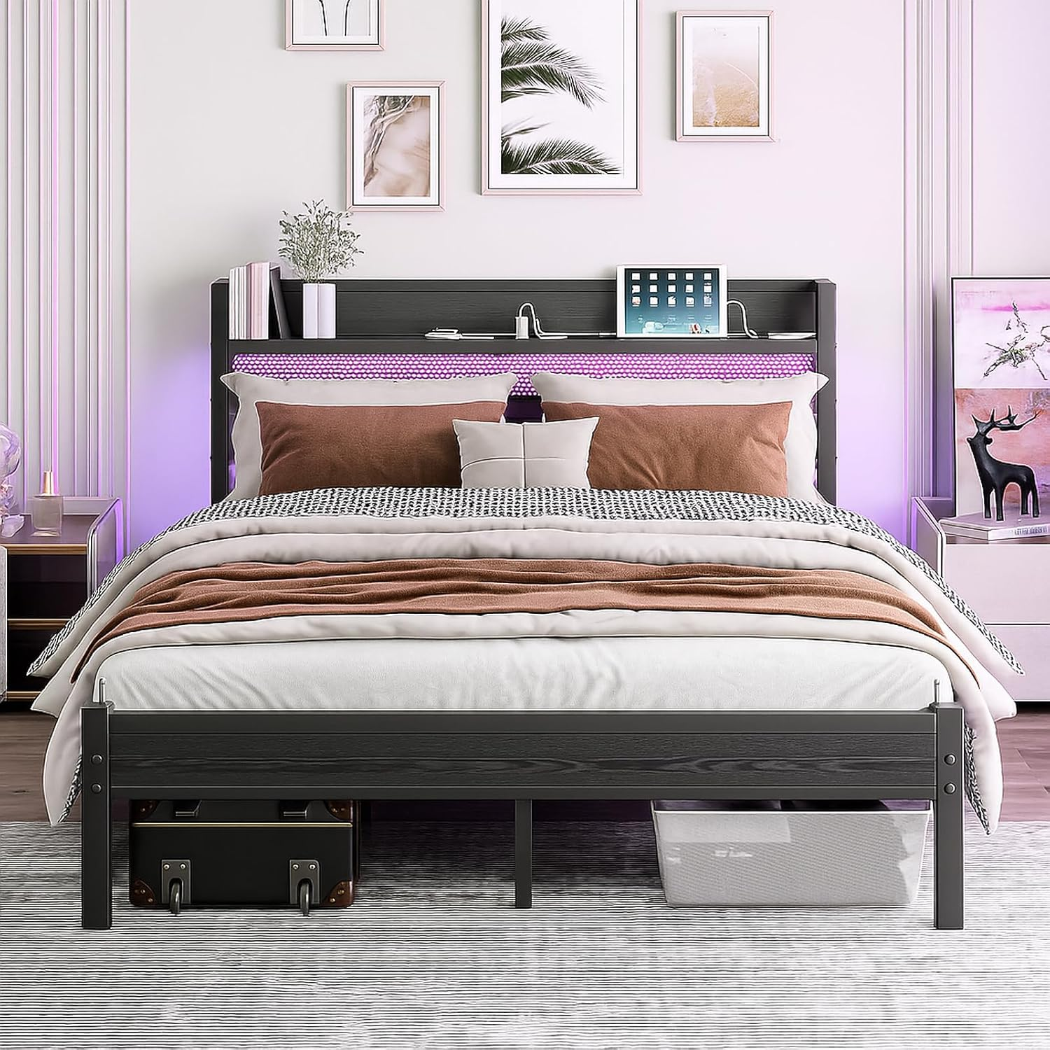 Queen Size Bed Frame with Charging Station, Metal Platform Bed with Storage Headboard Heavy Duty,Noise-Free Mattress Foundation, No Box Spring Needed image number 1